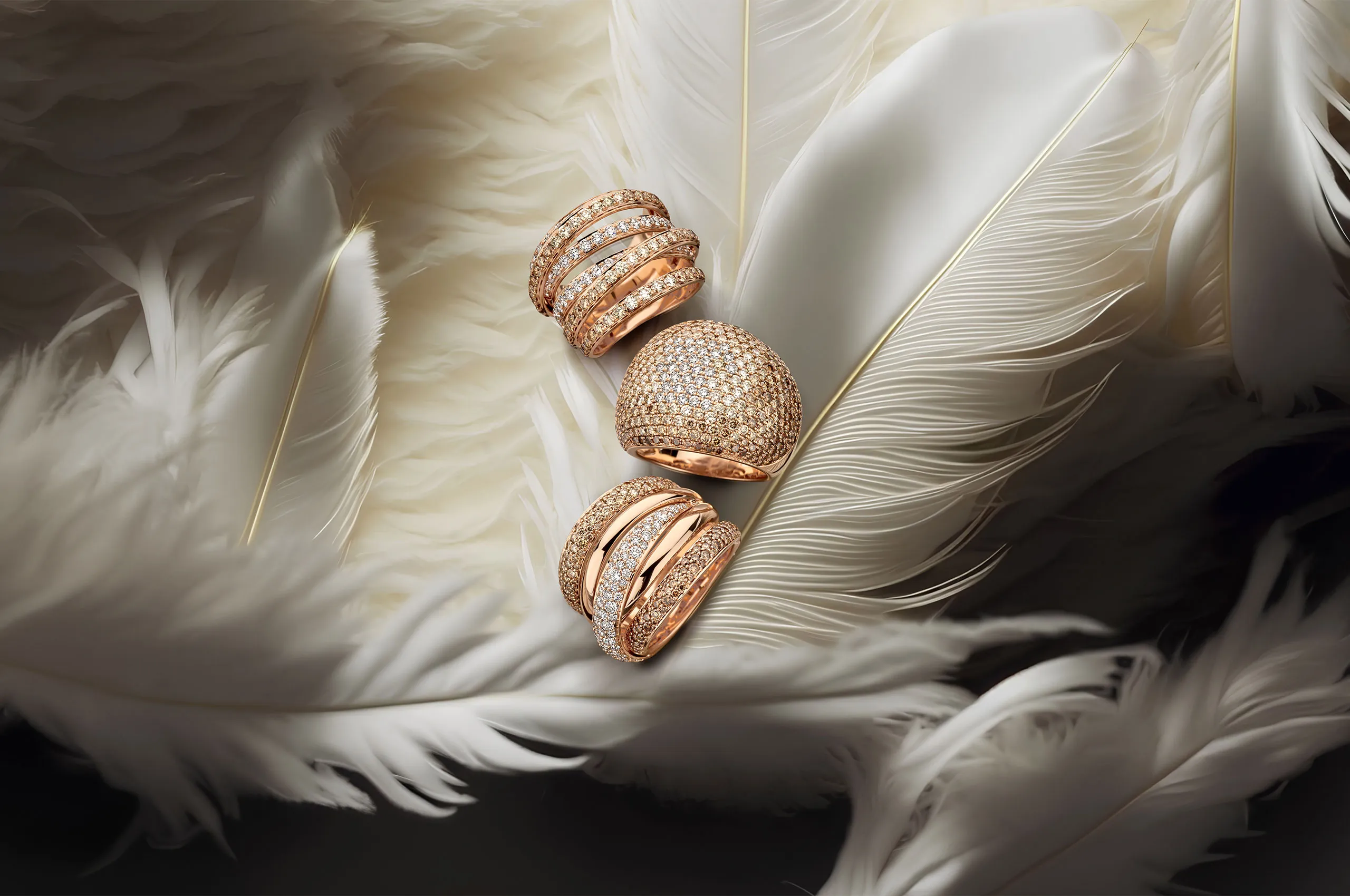 <p>A trio of diamond rings in rose gold from the Histoire d’Elle Les Incondition &#8216;Elle collection </p>
