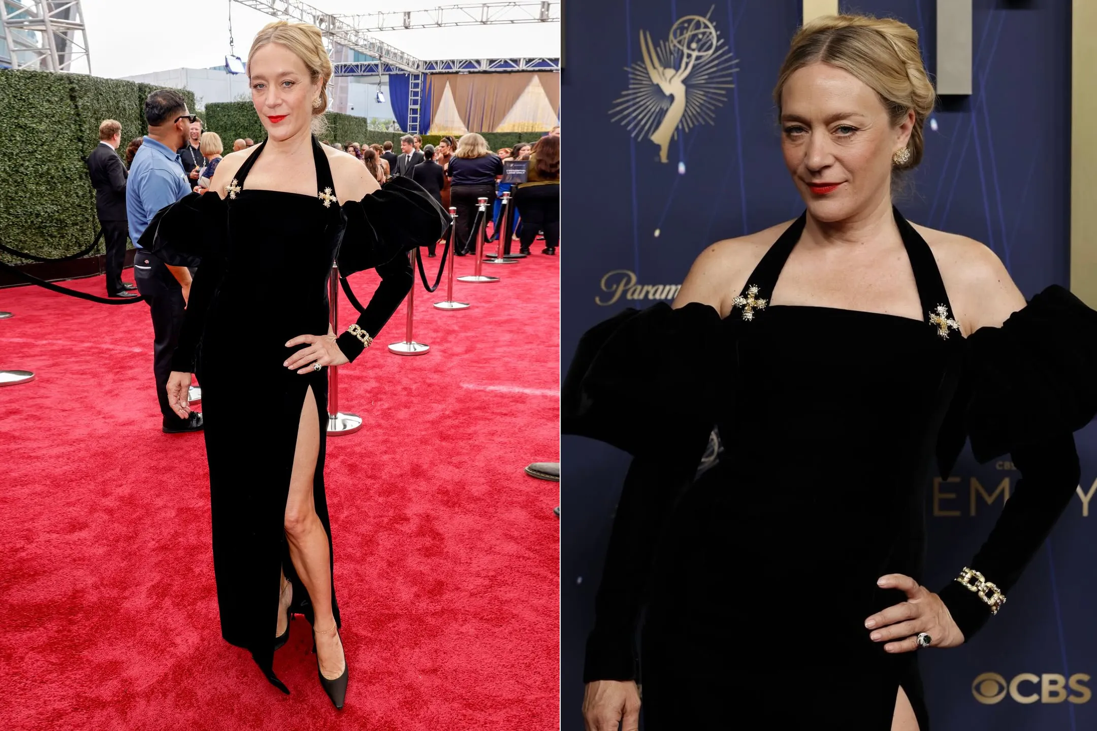 <p>Actress Chloë Sevigny attends the 2025 Emmy Awards in a suite of jewels by Tiffany &amp; Co., including a pair of 18k yellow gold earrings with more than 30 carats of diamonds, a pair of Jean Schlumberger by Tiffany Maltese Cross clips, a Jean Schlumberger by Tiffany Mini Cooper bracelet in 18k gold and platinum with more than eight carats of diamonds, and a Jean Schlumberger by Tiffany Four Leaves ring in 18k gold and platinum, set with a green tourmaline of more than four carats and diamonds</p>
