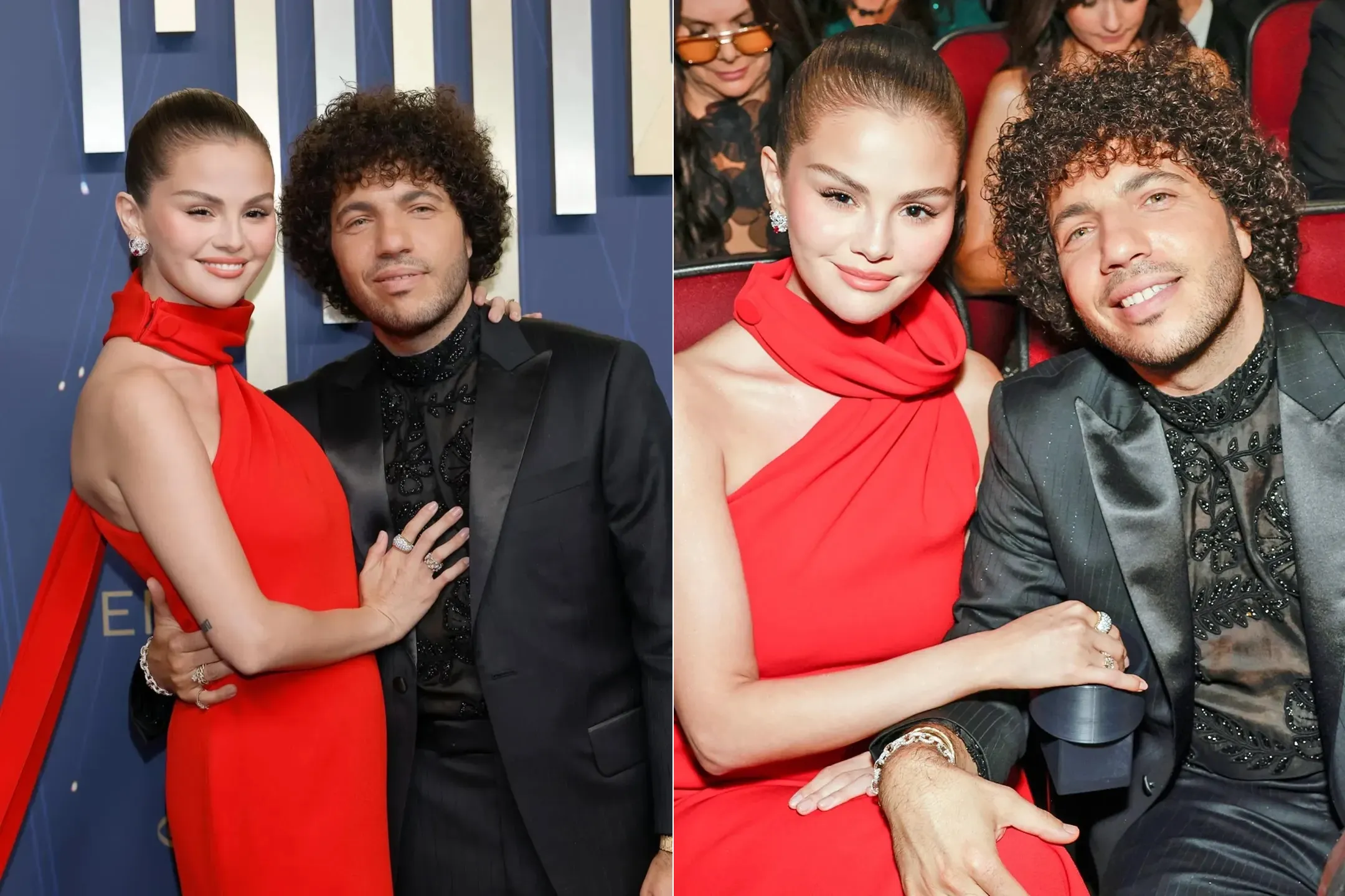 <p>Selena Gomez attends the 2025 Emmy Awards with her fiancée Benny Blanco wearing a selection of Tiffany &amp; Co. jewels, including a pair of unenhanced ruby earrings from the 2025 Blue Book Collection, a Tiffany &amp; Co. Schlumberger® Stitches ring, and a Jean Schlumberger by Tiffany Vigne ring with diamonds</p>
