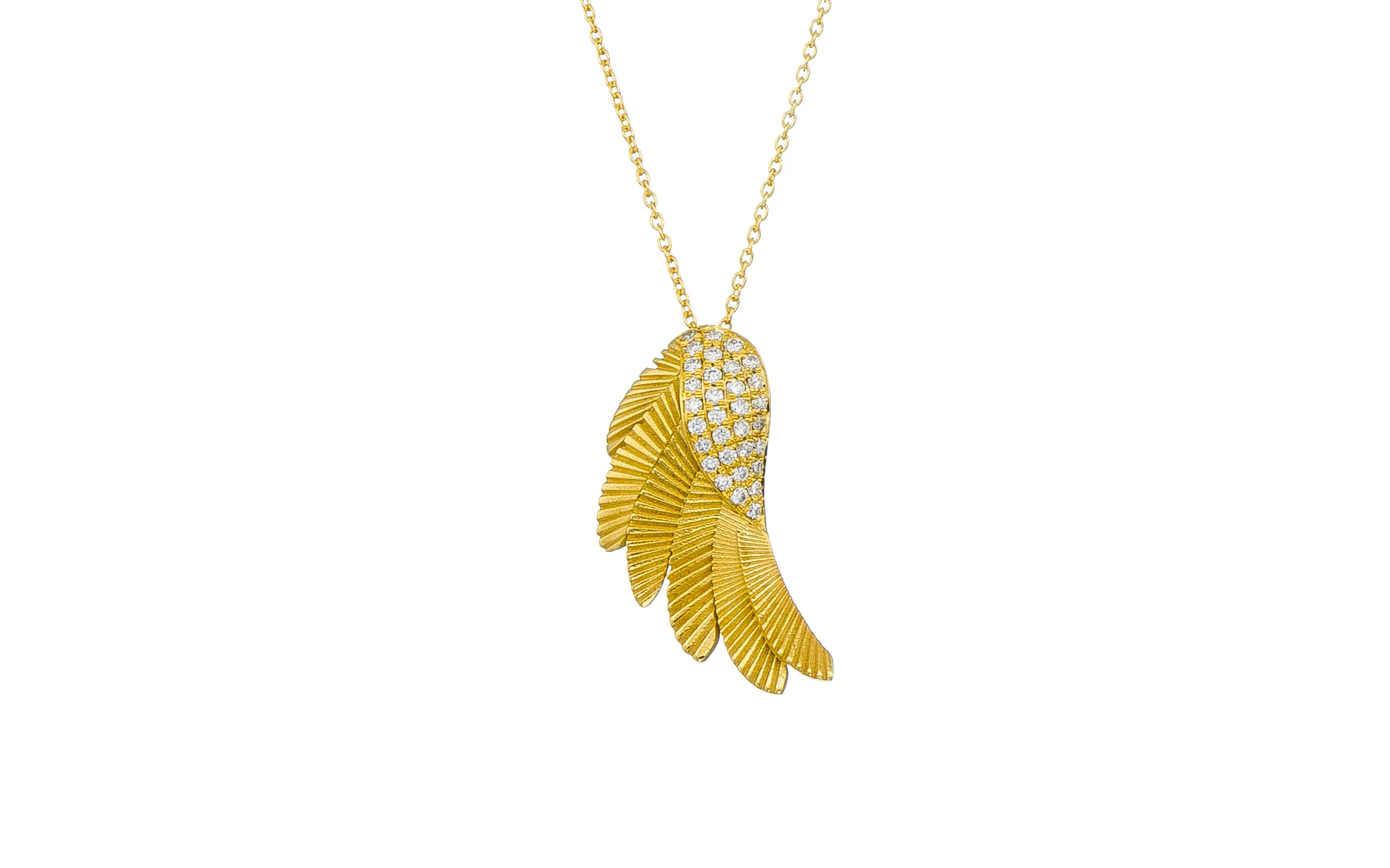 <p>A diamond-set and feather-inspired pendant from the new Icarus collection by Maramenos &#038; Pateras </p>
