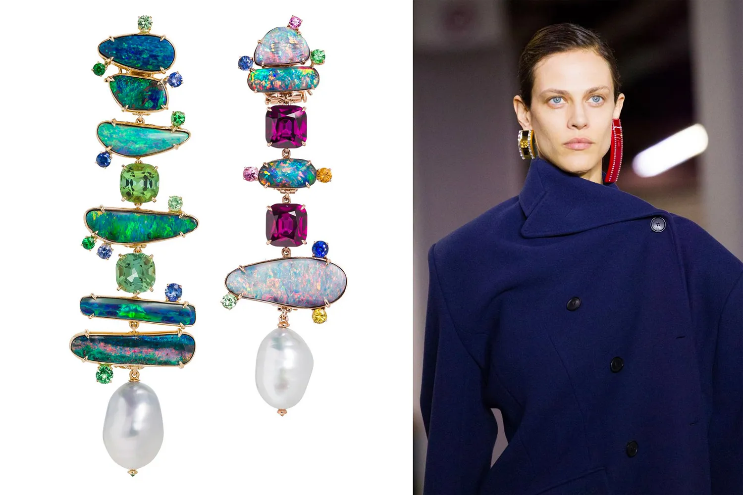 <p>Margot McKinney opal and pearl earrings and Balenciaga Fall/Winter 2018 look</p>