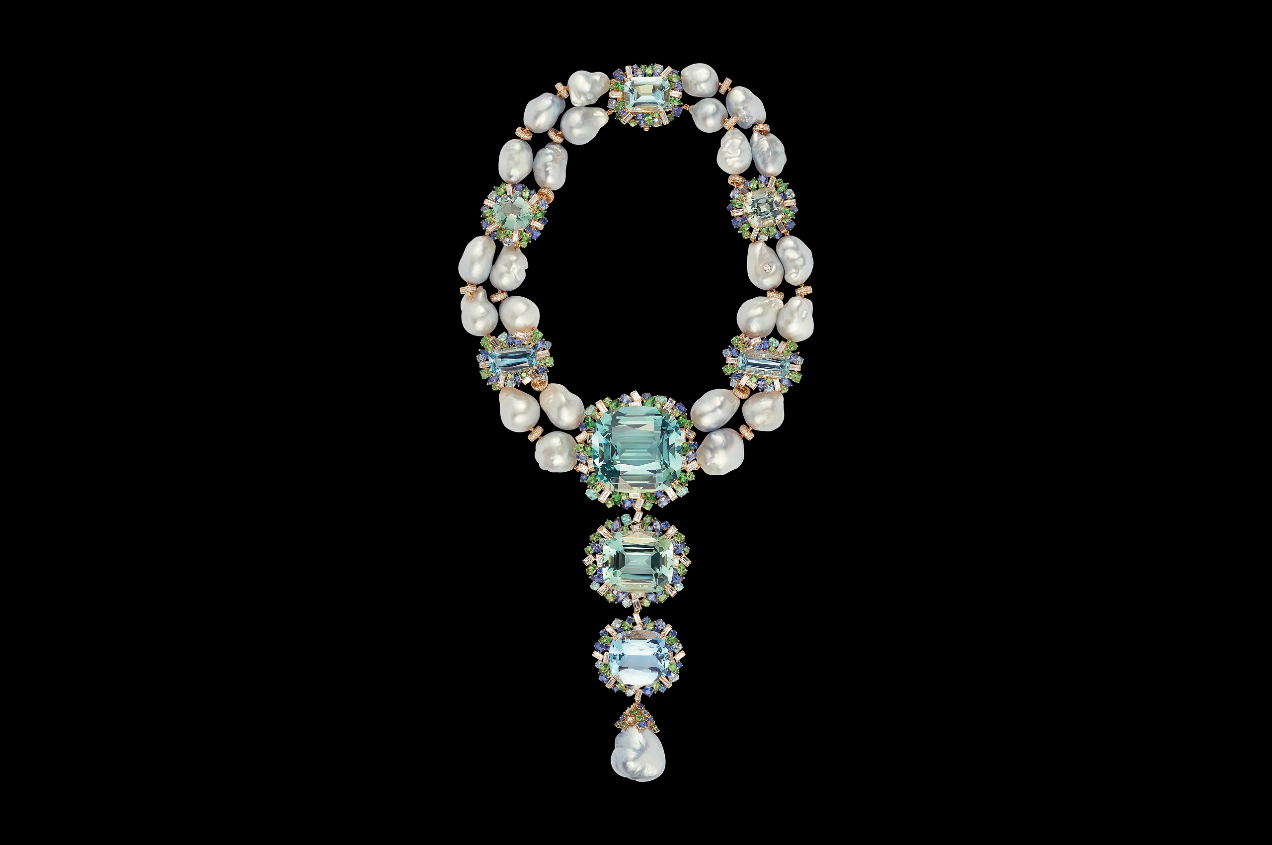 <p>The Marina collier by Margot McKinney was a highlight of TEFAF Maastricht 2025, featuring a sensational suite of aquamarines, beryls, tourmalines and Australian South Sea baroque pearls</p>
