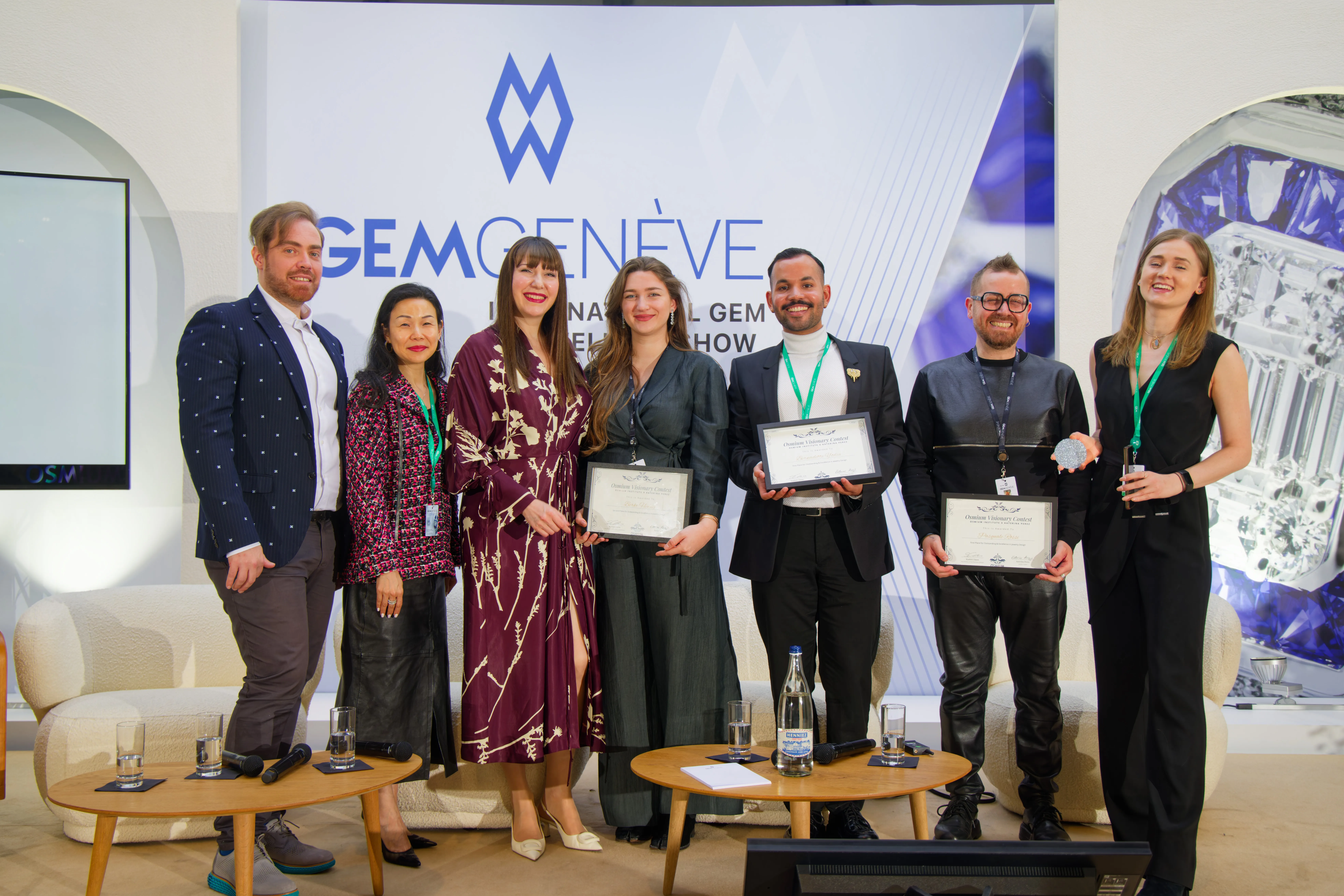 <p>Judges Frédéric Mané, Tania Chan, Katerina Perez, Scarlett Claus and Richard Reis with the winners Berke Henny and Pasquale Rossi of the Katerina Perez x Osmium Institute Design Contest</p>