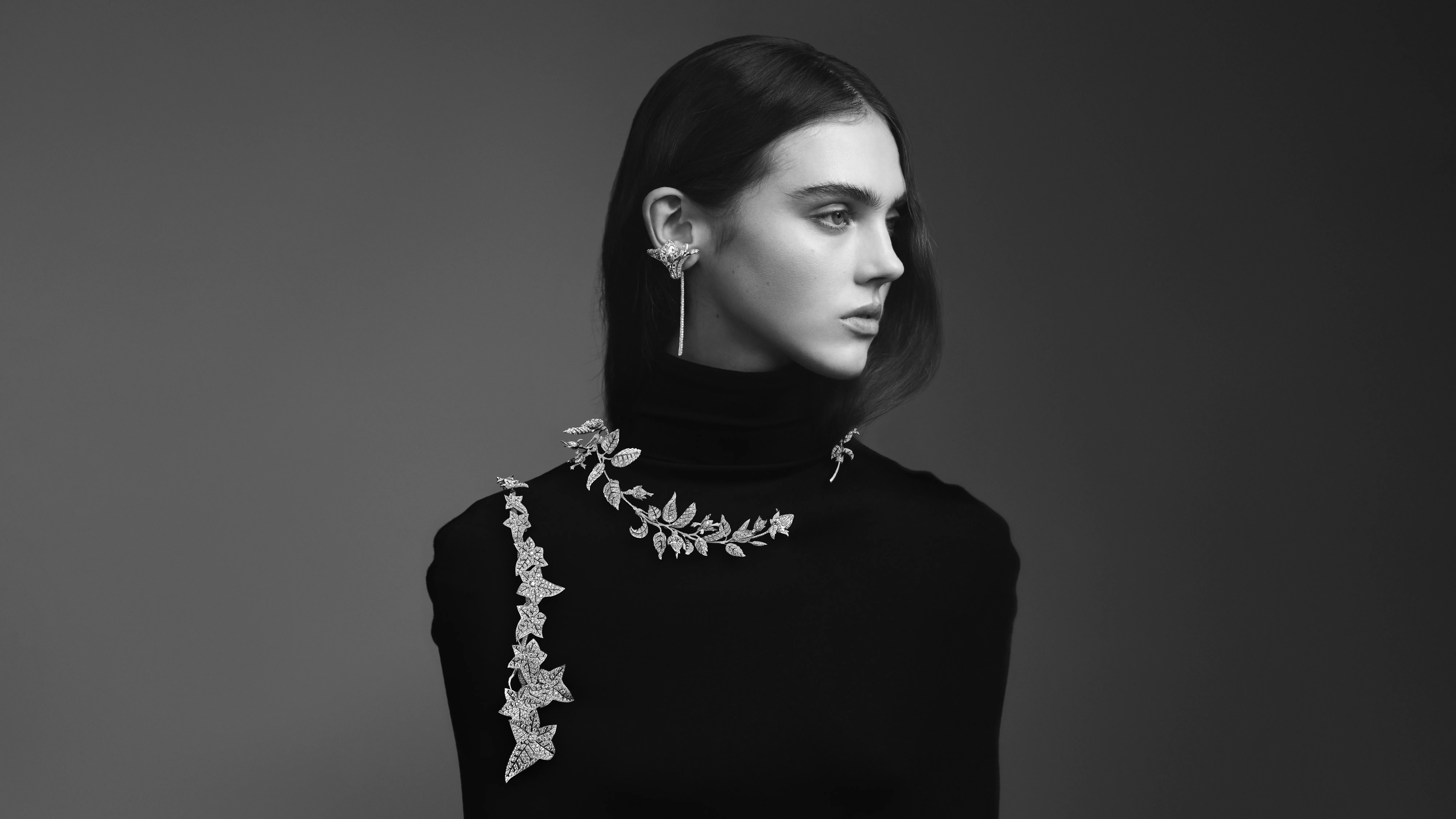 <p>A model wears the Boucheron Rosier necklace set with three pear-cut type IIA diamonds of 8.15 carats, 4.19 carats, and 2.01 carats, plus further diamonds in 18k white gold, part of the Untamed Nature Histoire de Style 2025 High Jewellery collection </p>
