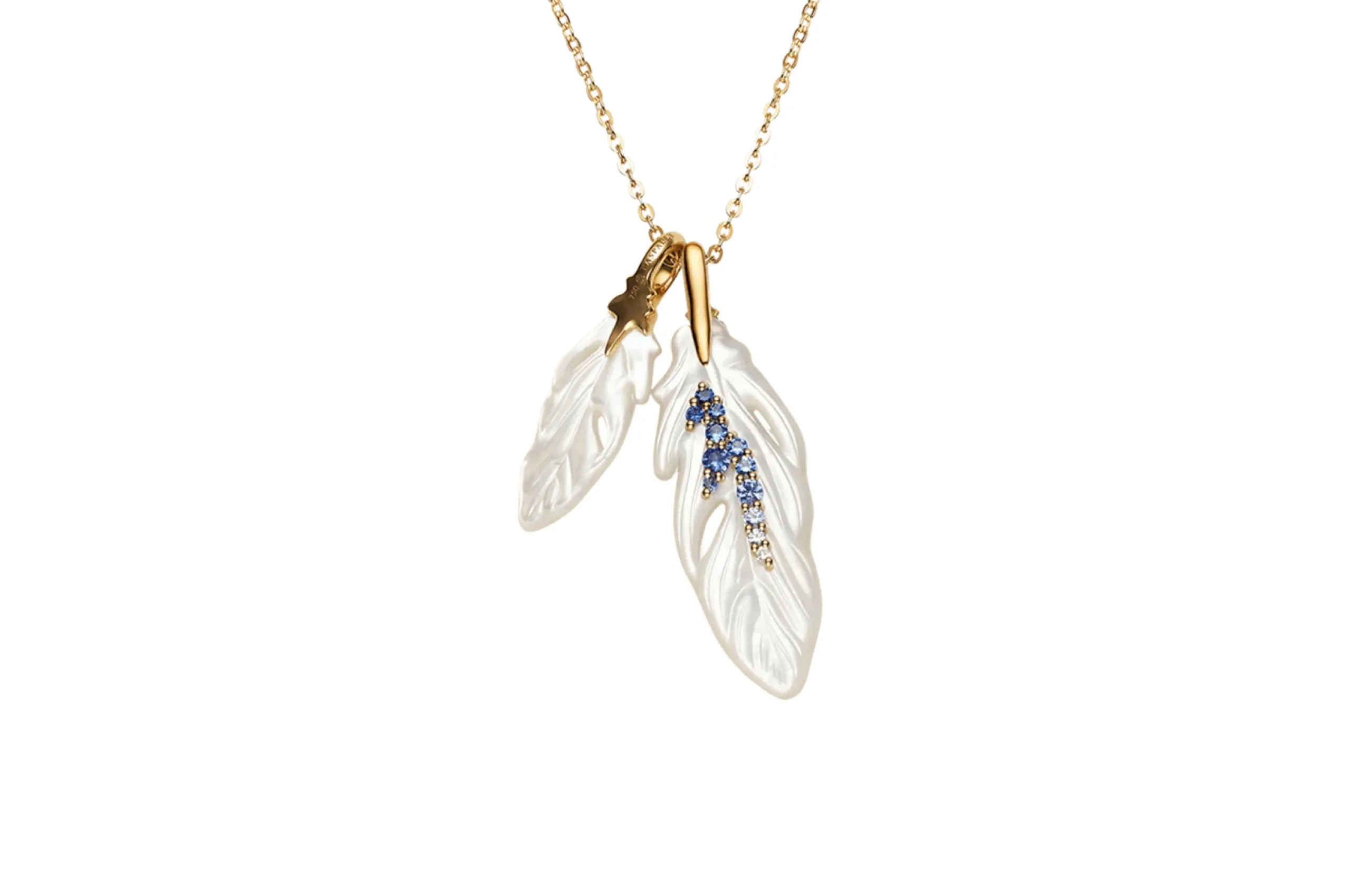 <p>Paspaley Double Feather pendant necklace with mother of pearl, blue sapphires and diamonds in 18k yellow gold </p>
