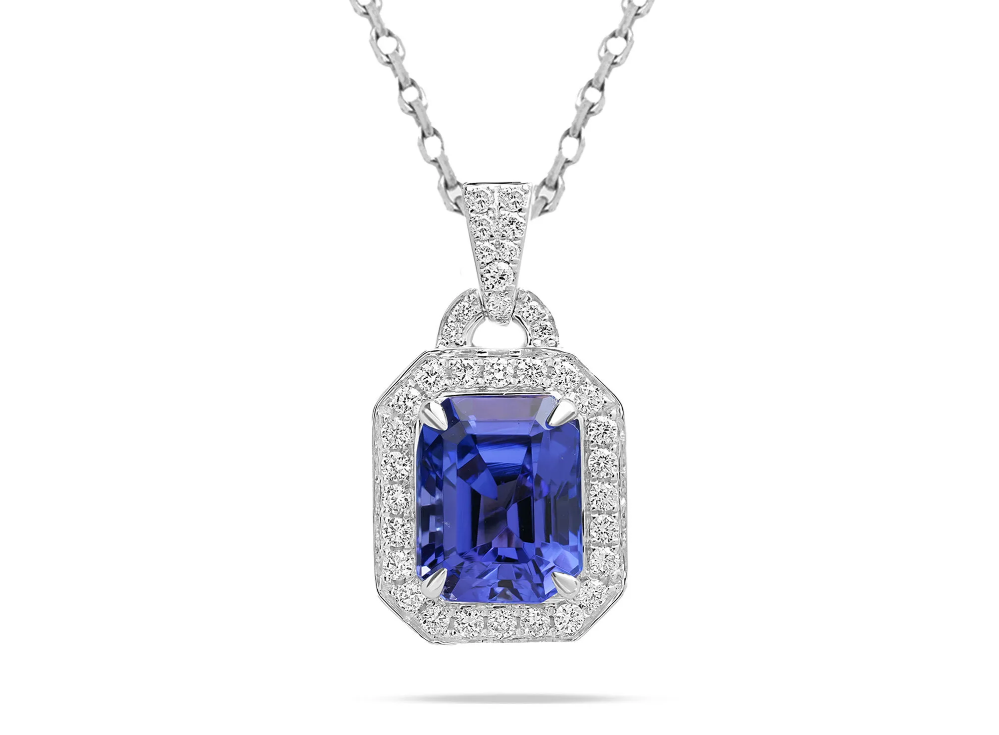<p>Royal Touch Group pendant with a 3.41 carat emerald-cut tanzanite and diamonds set in 18k white gold </p>
