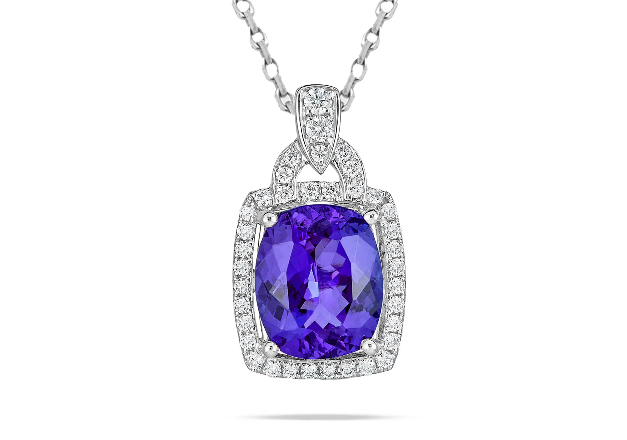 <p>Royal Touch Group pendant with a 4.74 carat oval-shaped tanzanite and diamonds set in 14k white gold</p>
