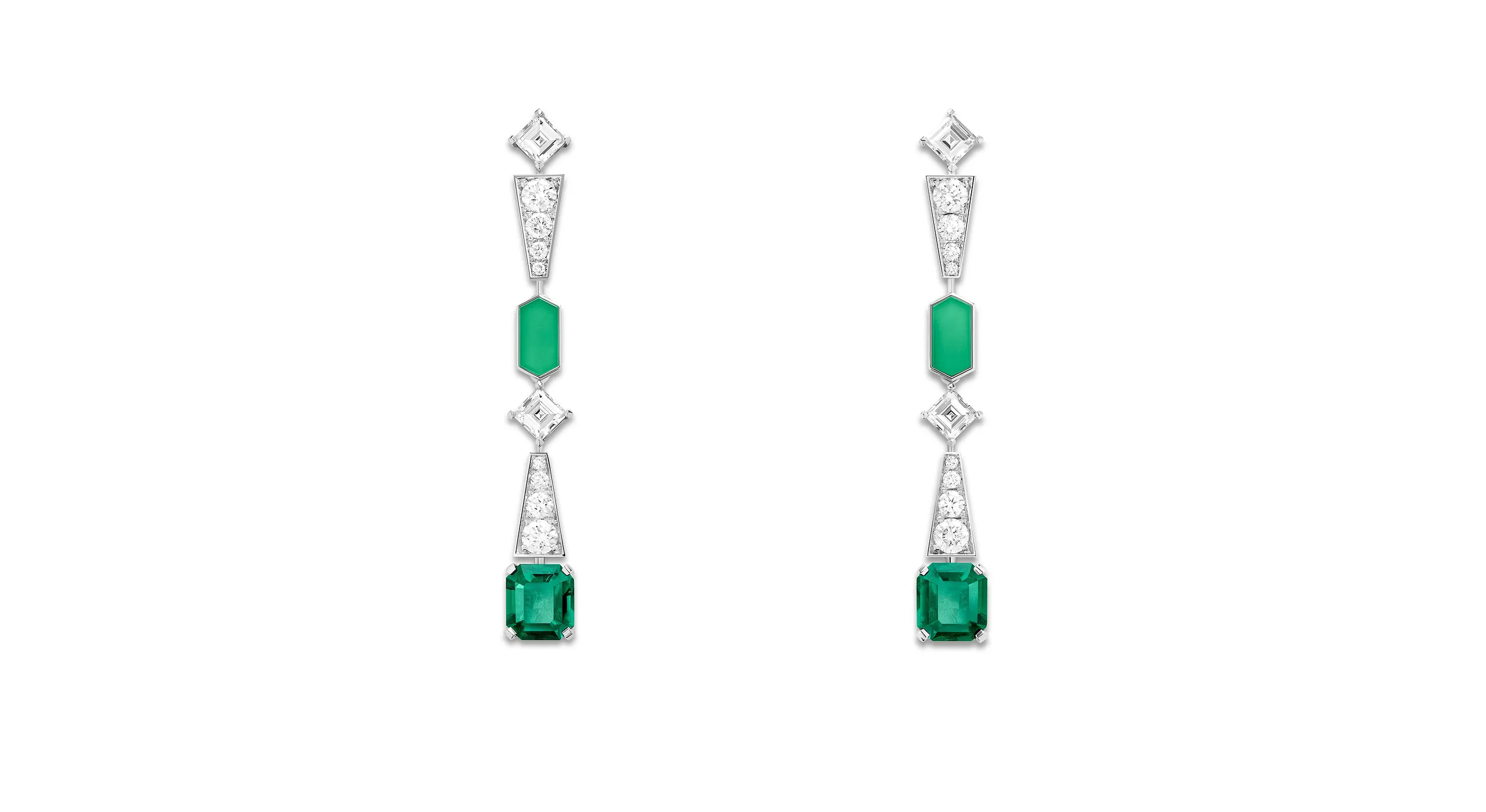 <p>Arty Pop high jewellery earrings, set with emerald cut Colombian emeralds, diamonds and chrysoprase in 18K white gold</p>
