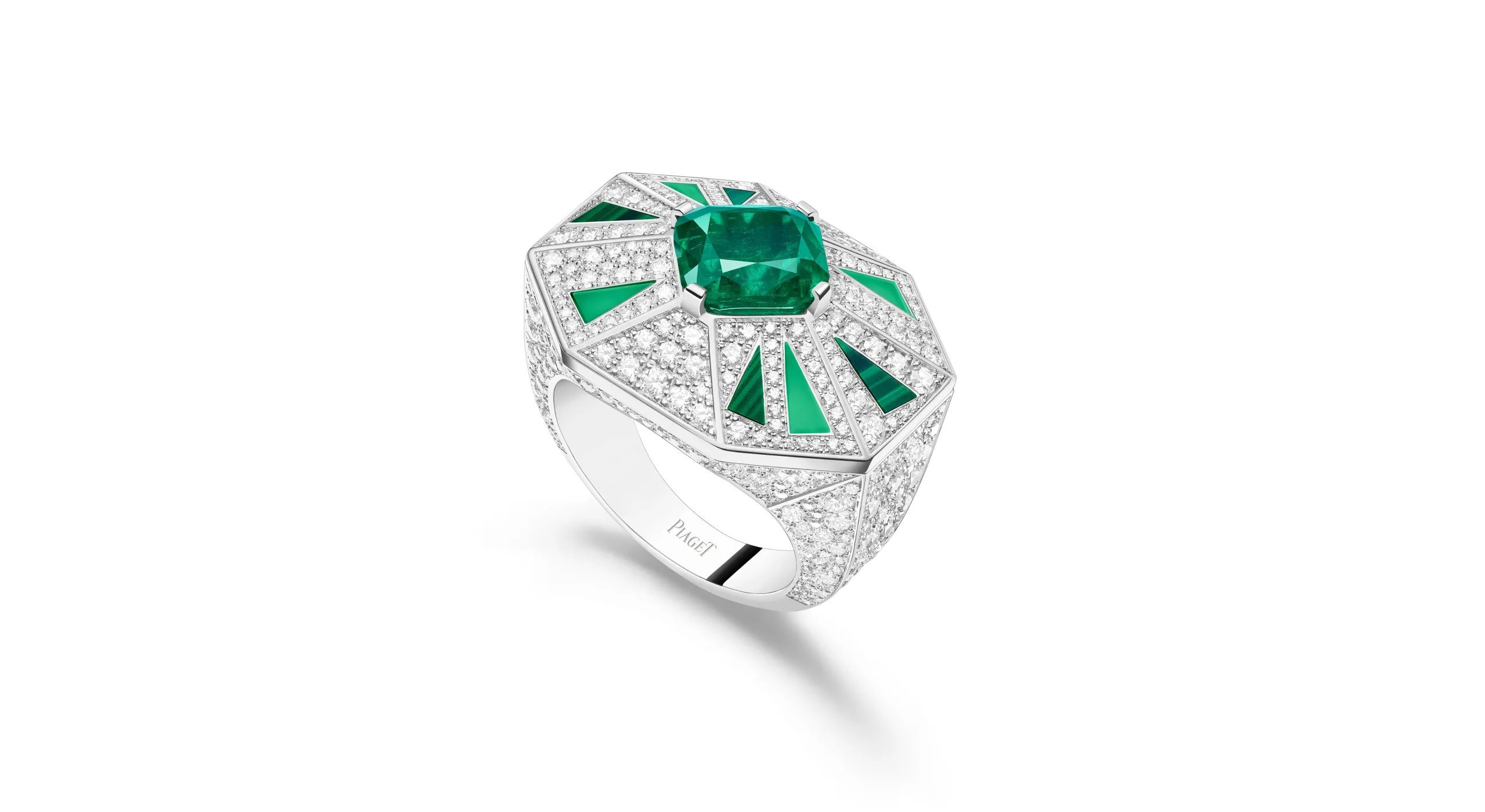 <p>Arty Pop high jewellery ring, set with a 2.65 carat cushion cut Colombian emerald, diamonds, chrysoprase and malachite in 18K white gold</p>
