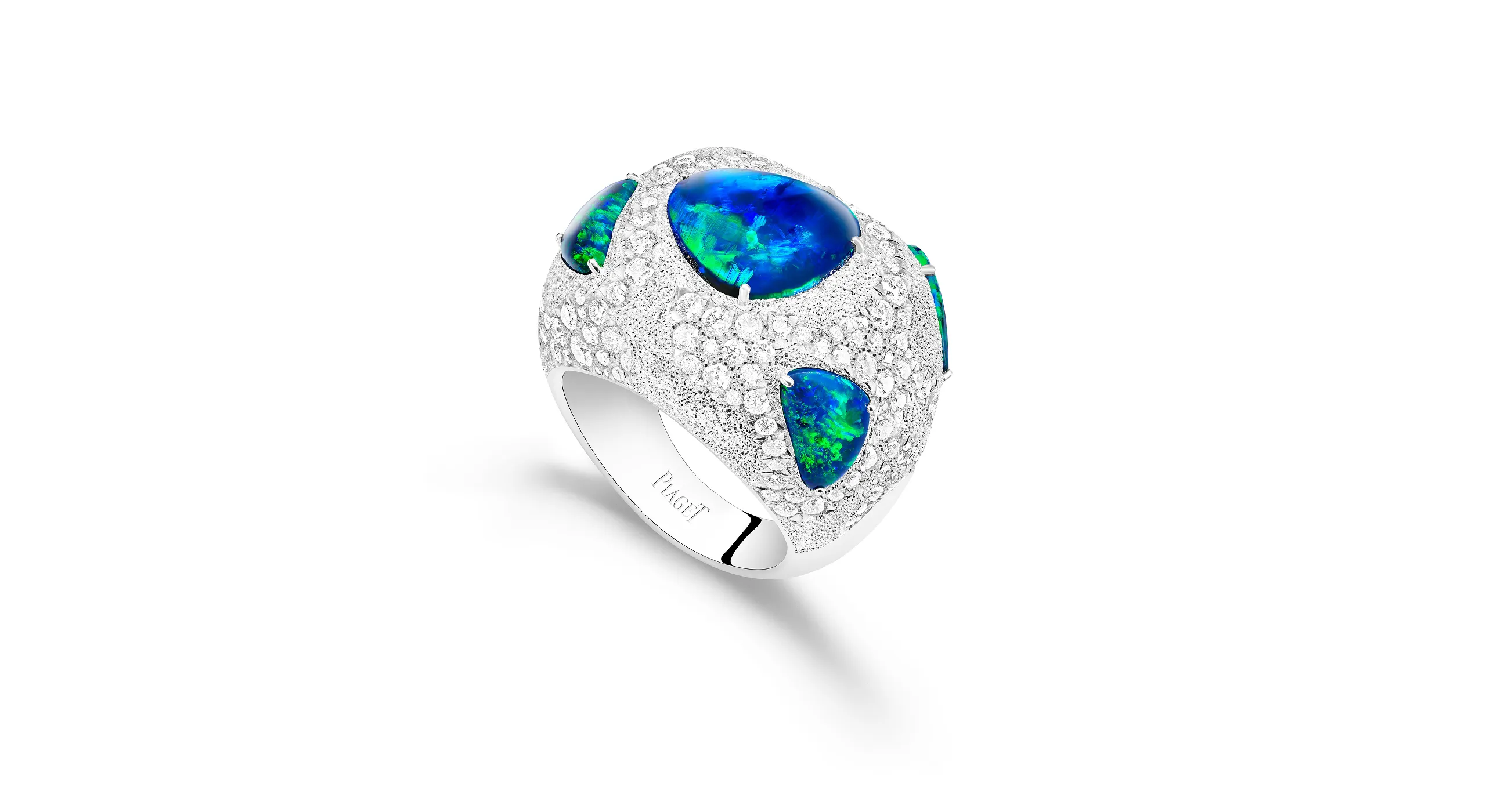 <p>The Flowing Curves ring, set with black Australian opals and diamonds in 18K white gold</p>
