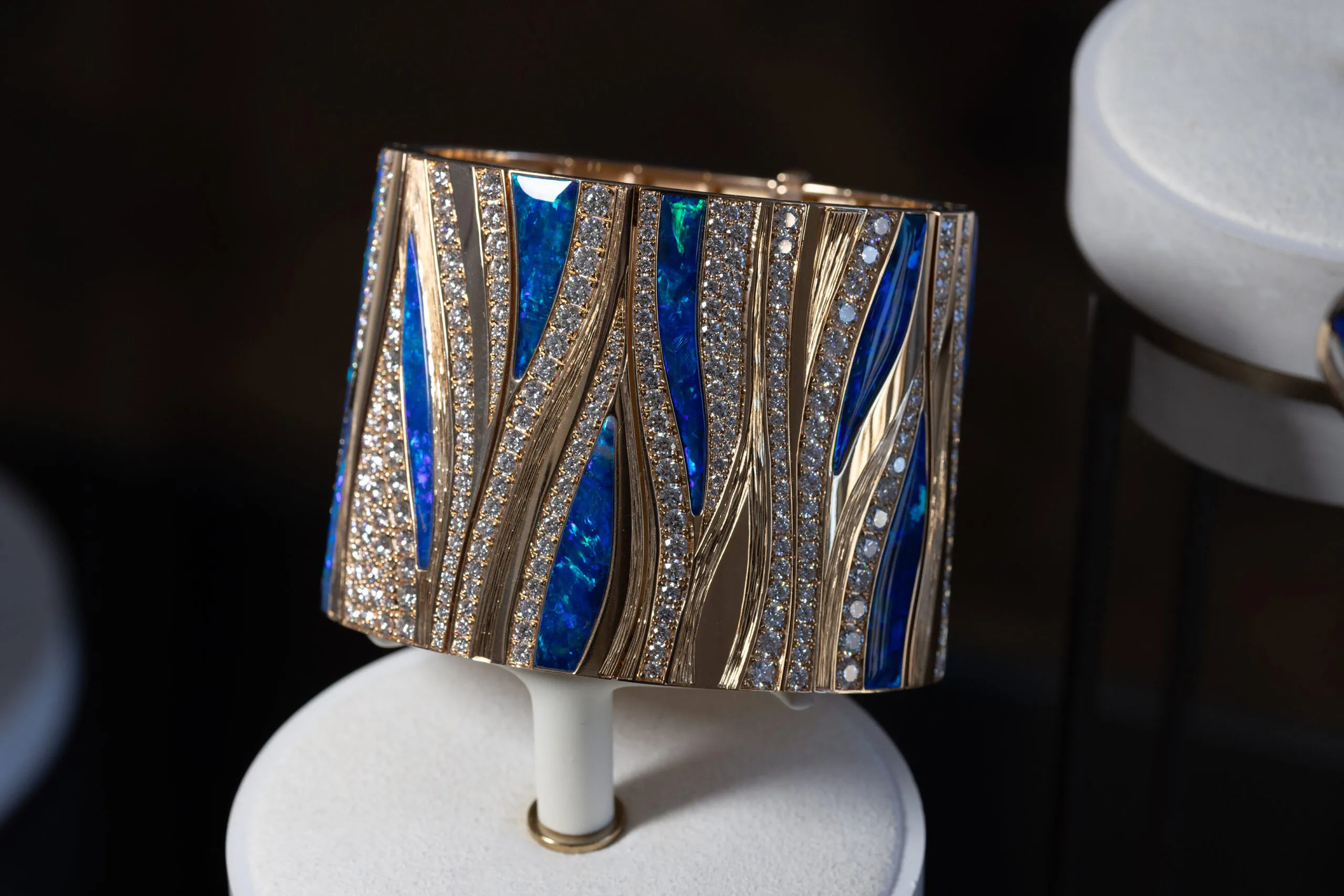 <p>A new cuff bracelet from Piaget&#8217;s Shapes of Extraleganza high jewellery collection set with opals, Yves Piaget&#8217;s favourite stone</p>
