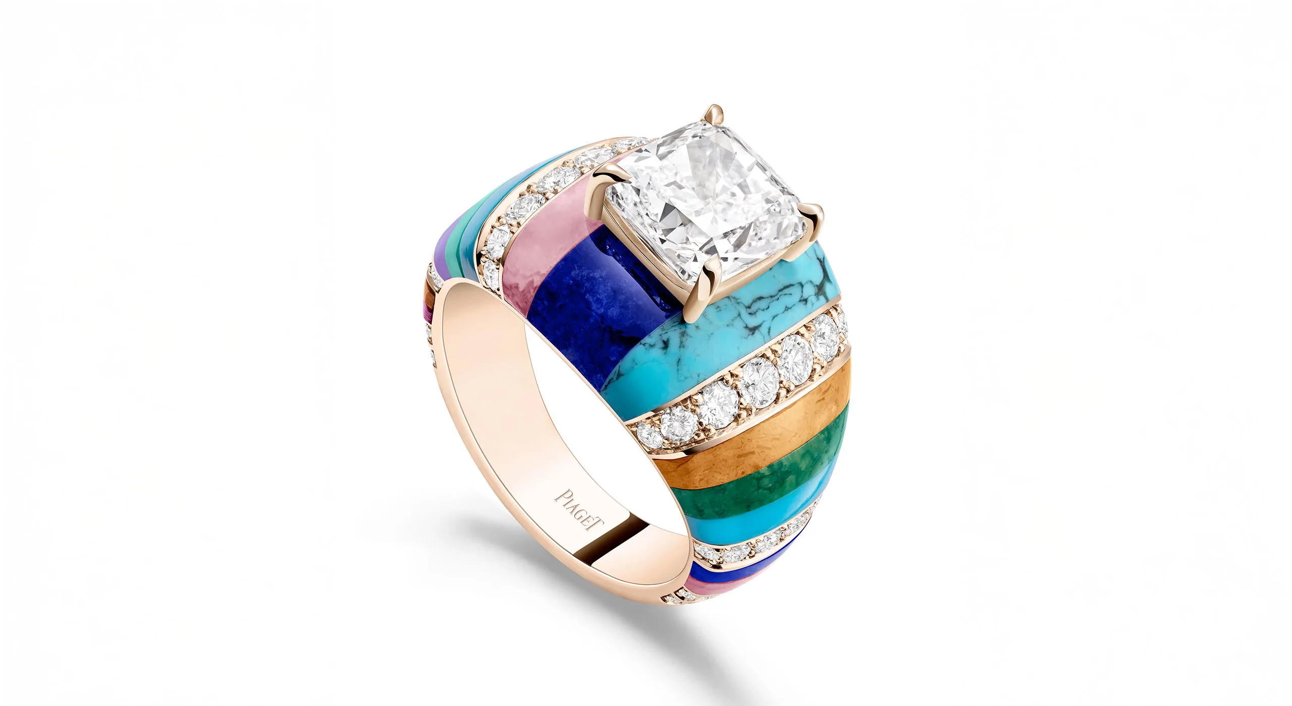 <p>Kaleidoscope Lights high jewellery ring, set with a 3.02 carat cushion cut diamond, jasper, verdite, turquoise, sodalite, sugilite, chrysoprase, rhodochrosite, ruby root,<br />
rhodonite and diamonds in 18K rose gold</p>
