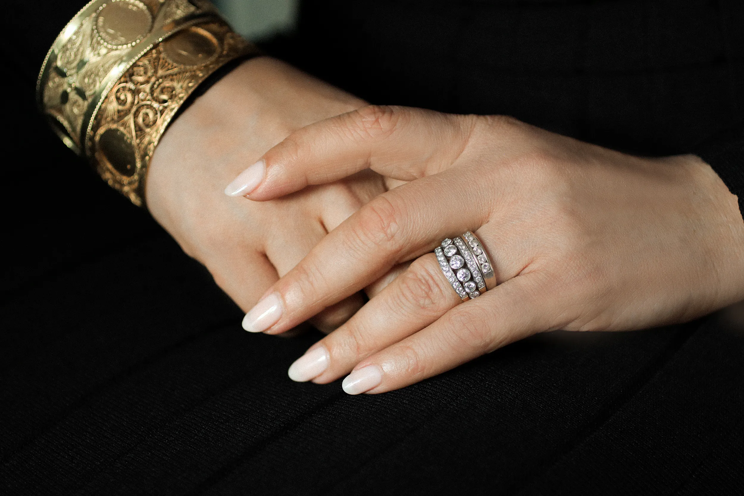 <p>Katerina Perez discovered the jewellery creations that are most important to Princess Yasmine, including two yellow gold bangles and a modern diamond ring stack </p>