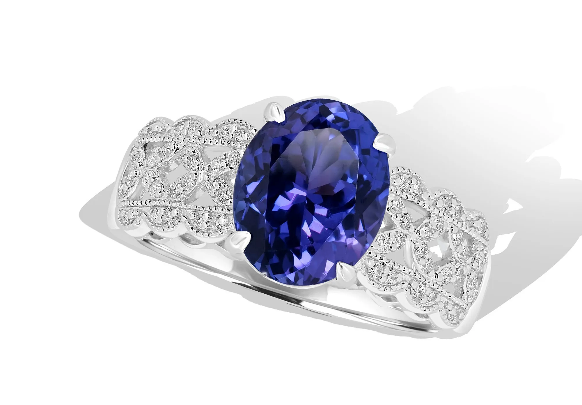 <p>Royal Touch Group ring with an oval-shaped 3.165 carat tanzanite and diamonds set in 18k white gold </p>
