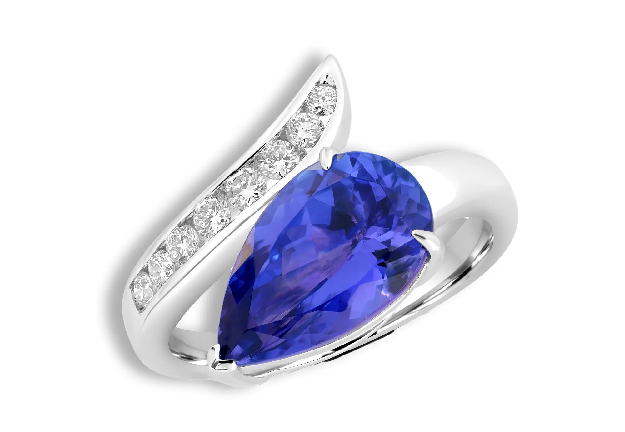 <p>Royal Touch Group ring with a 3.76 carat pear-shaped tanzanite and diamonds in 18k white gold</p>
