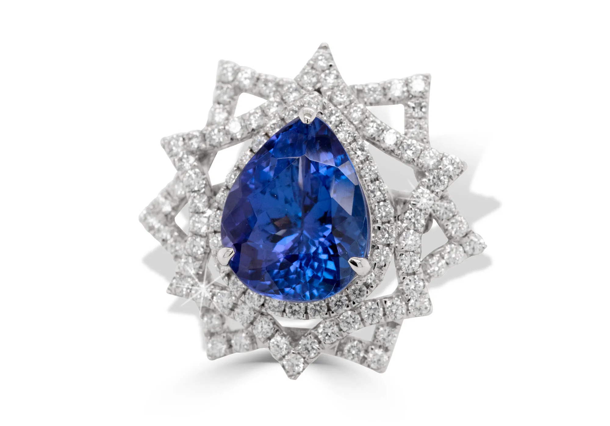 <p>Royal Touch Group ring with a 5.52 carat pear-shaped tanzanite and 1.03 carats of diamonds set in 14k white gold</p>
