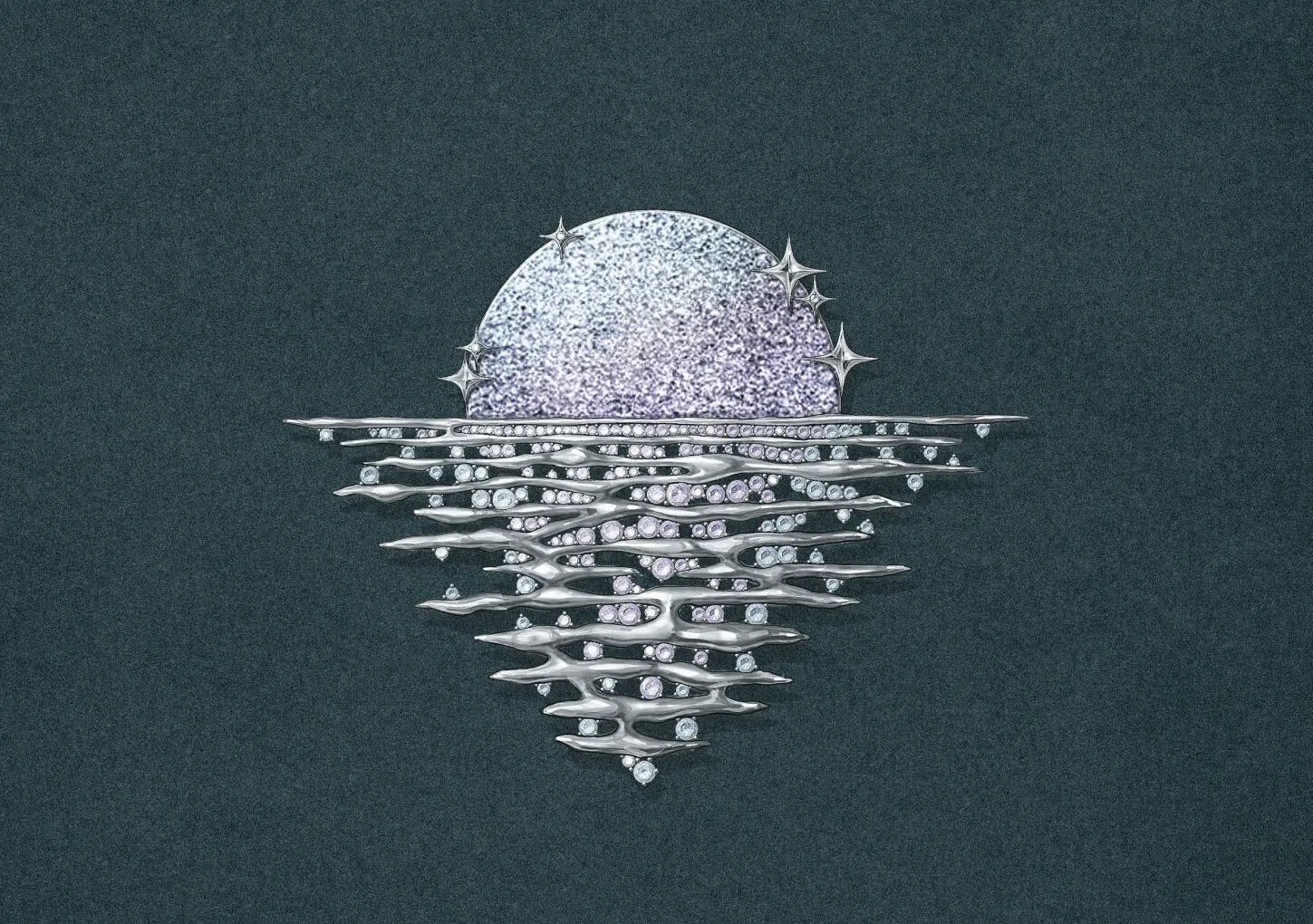 <p>Bernadette Yodia’s Serenade of the Moon brooch design, awarded first place, features a luminous moon in osmium, accented with diamonds and sapphires</p>