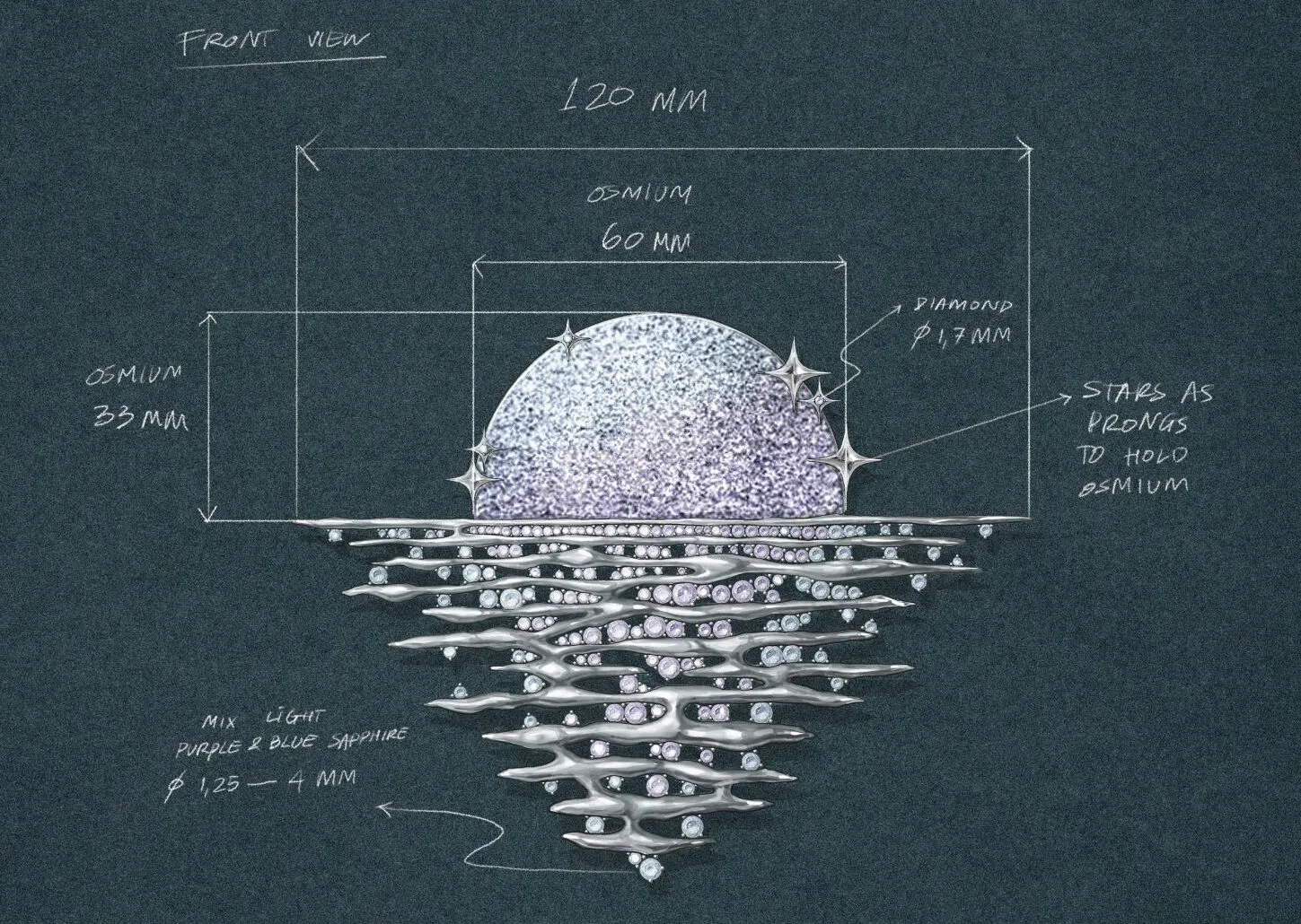 <p>Details of Bernadette Yodia’s Serenade of the Moon brooch design, featuring a luminous osmium moon with diamond and sapphire accents</p>
