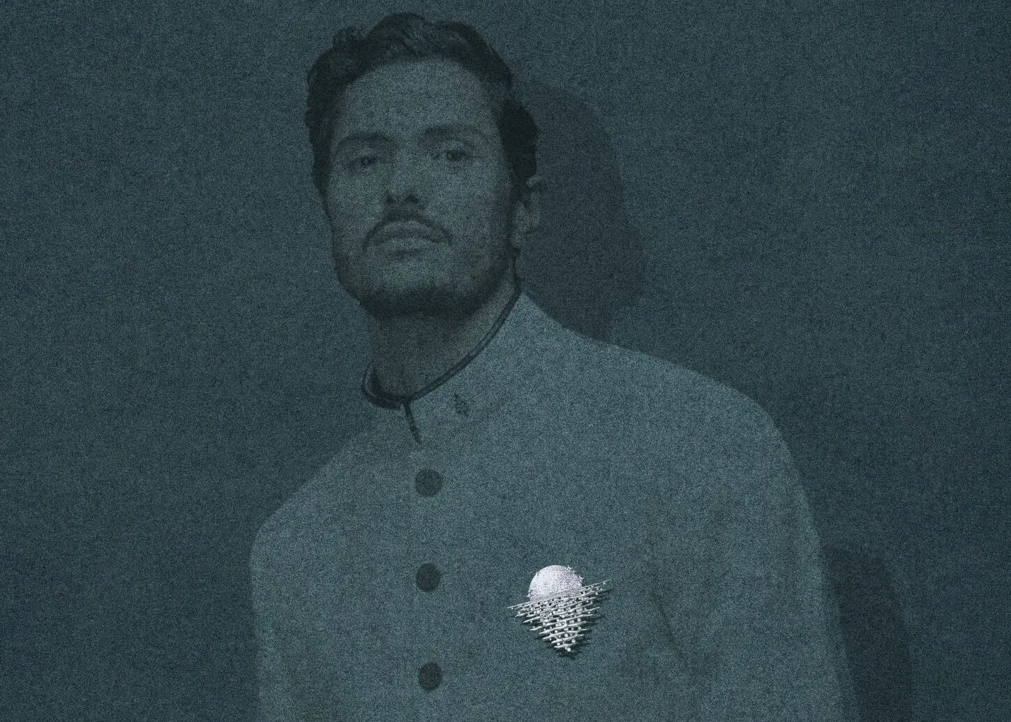 <p>Bernadette Yodia’s Serenade of the Moon brooch, featuring a luminous osmium moon with diamond and sapphire accents, depicted in a sketch of a man wearing it</p>