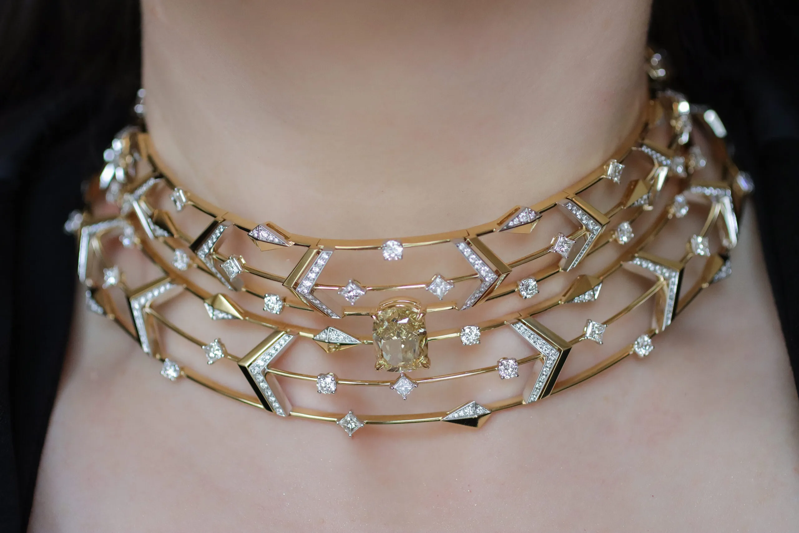 <p>Katerina Perez wears the Sahag Arslanian High Jewellery choker from the Celestial Radiance collection with a 10.26-carat cushion-cut fancy deep brownish yellow VS2 diamond, 5.04 carats of princess-cut white diamonds, 5.49 carats of round white diamonds, and 4.83 carats of round white melee, set in 18k white and yellow gold</p>
