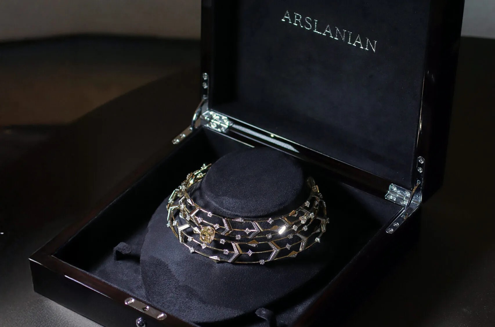 <p>Sahag Arslanian Celestial Radiance High Jewellery choker with a 10.26-carat cushion-cut fancy deep brownish yellow VS2 diamond, 5.04 carats of princess-cut white diamonds, 5.49 carats of round white diamonds, and 4.83 carats of round white melee, set in 18k white and yellow gold </p>
