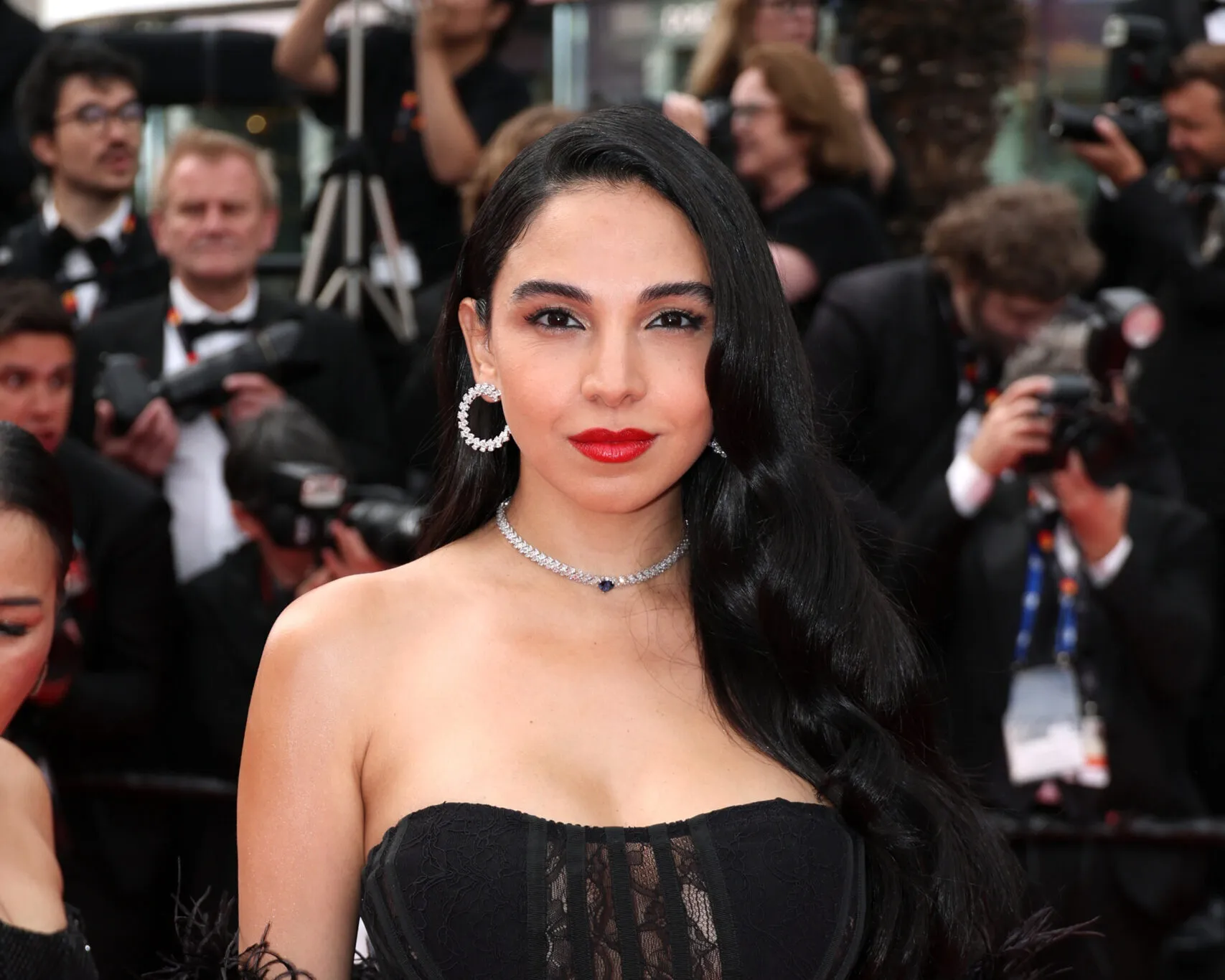 <p>Egyptian actress Salma Abu-Deif wears Chopard high jewellery earrings and a necklace to the Cannes Film Festival 2025</p>

