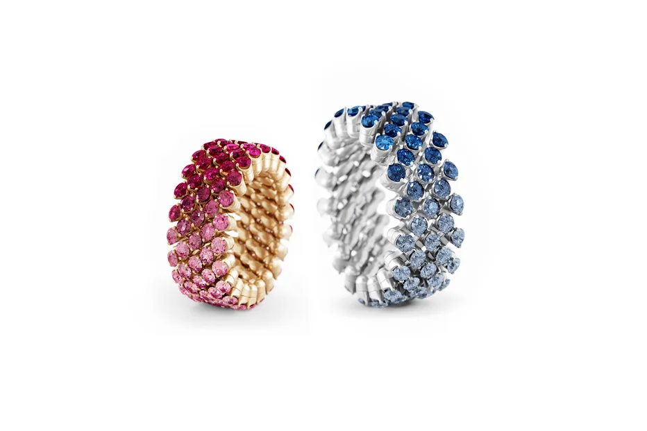 <p>Serafino Consoli Special Match Soften rings with a gradient of pink or blue sapphires in 18k gold </p>
