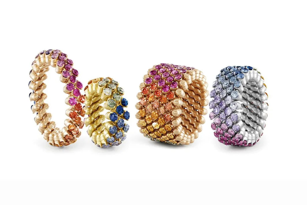 <p>Serafino Consoli Special Match Rainbow rings with gradients of multi-coloured sapphires set in 18k white, yellow and rose gold </p>