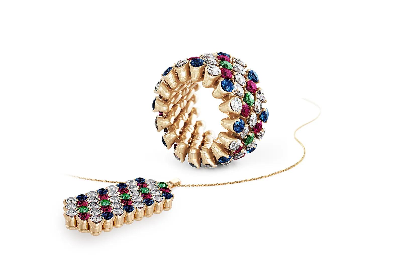 <p>Serafino Consoli Special Match Multicolor ring and matching pendant with rubies, sapphires, emeralds and diamonds in 18k gold </p>