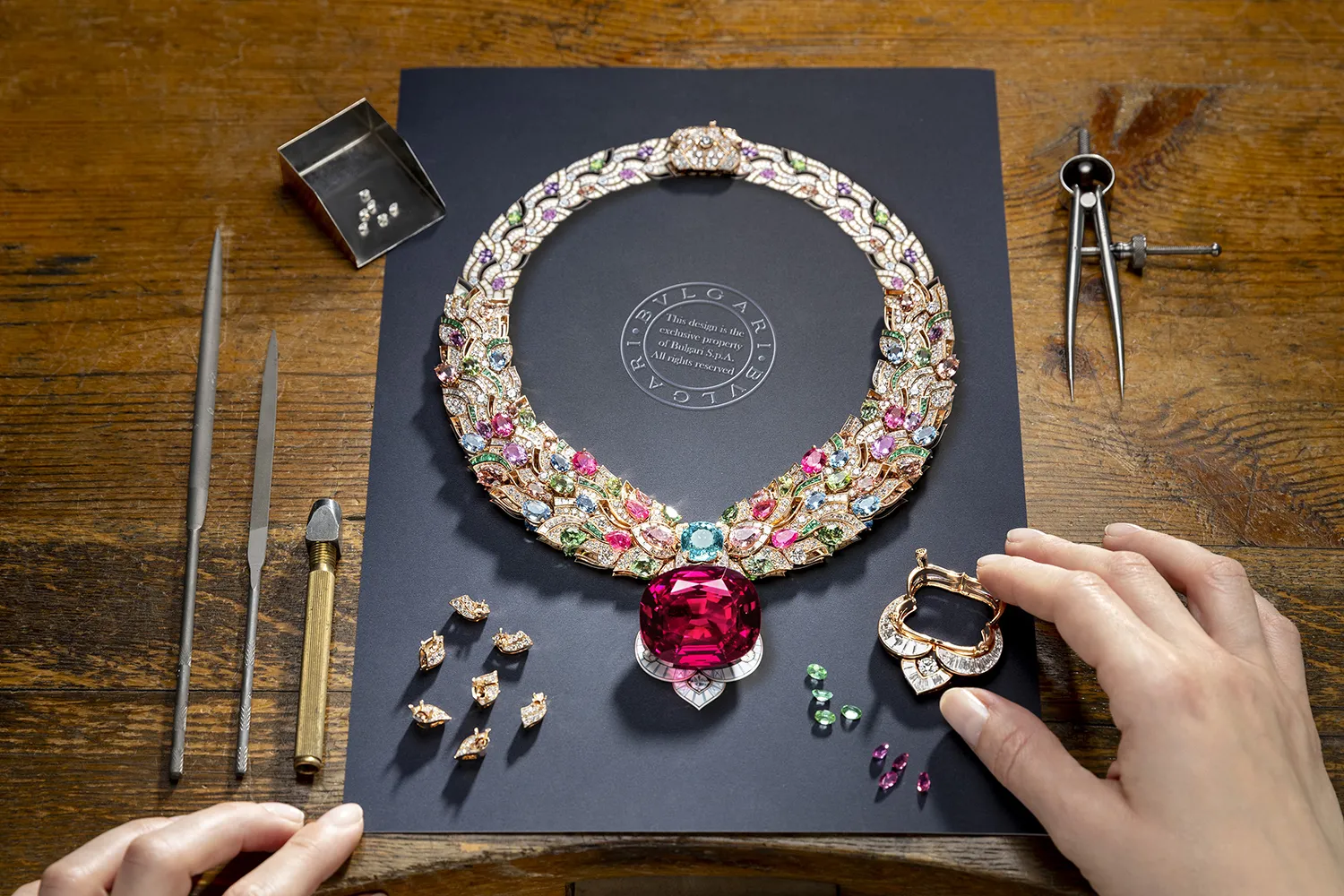 <p>Bvlgari Celestial Mosaic necklace with a 131.21-carat spinel surrounded by turquoise tourmalines, emeralds, onyx and diamonds, from the Polychroma High Jewellery collection</p>