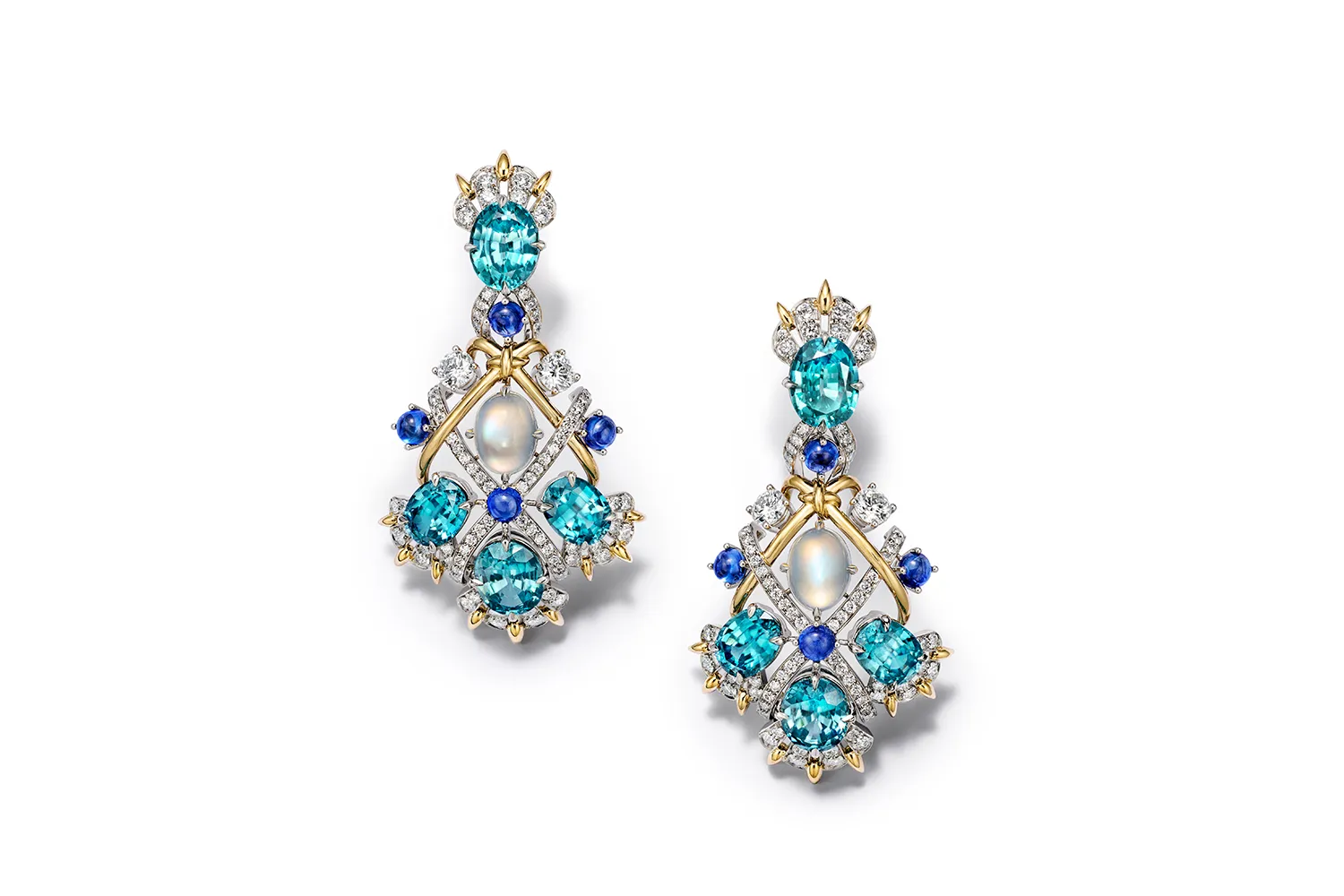 <p>Tiffany &#038; Co. Seahorse earrings with over 17 carats of blue zircons, sapphires, moonstones and diamonds set in 18k yellow gold and platinum, from the Sea of Wonder Blue Book 2025 High Jewellery collection </p>
