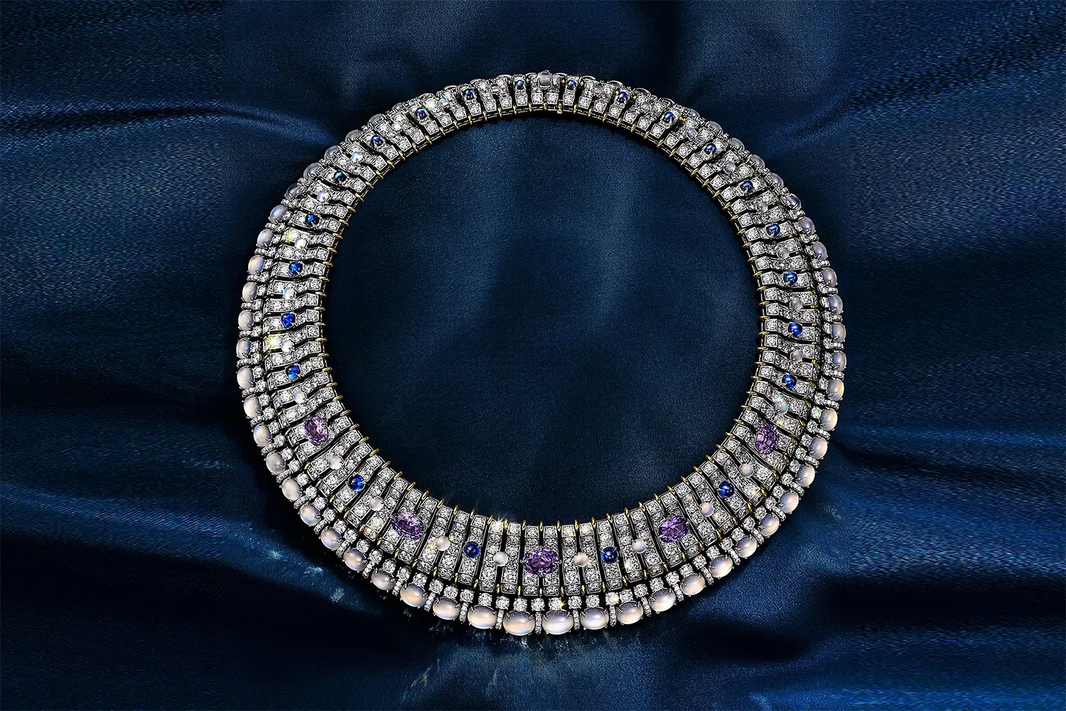 <p>Tiffany &#038; Co. Seahorse necklace with unenhanced purple sapphires of over 11 total carats, blue sapphires, moonstones and diamonds, set in 18k yellow gold and platinum, from the Sea of Wonder Blue Book 2025 High Jewellery collection </p>
