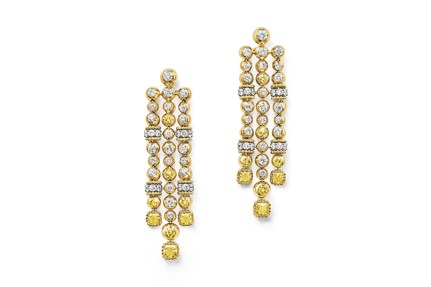 <p>Tiffany &#038; Co. Urchin earrings with fancy intense yellow diamonds weighing over 2 carats total set in 18k yellow gold and platinum, surrounded by yellow and white diamonds, from the Sea of Wonder Blue Book 2025 High Jewellery collection </p>
