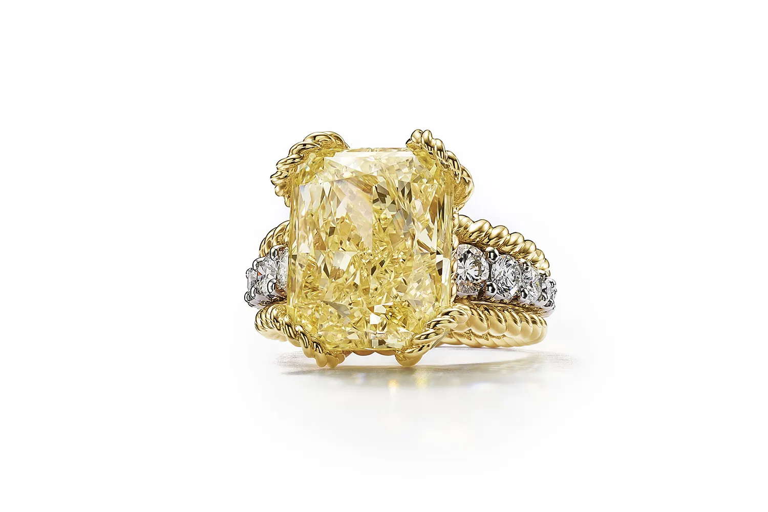 <p>Tiffany &#038; Co. Urchin ring with a fancy intense yellow diamond weighing over 12 carats set in 18k yellow gold and platinum, surrounded by white diamonds, from the Sea of Wonder Blue Book 2025 High Jewellery collection </p>
