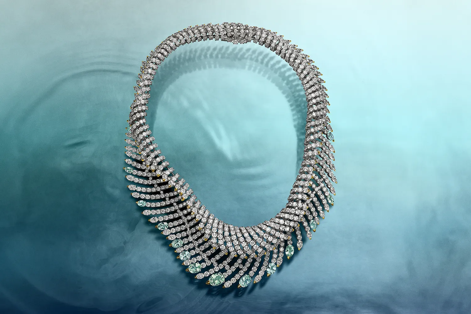 <p>Tiffany &#038; Co. Bioluminescence Wave necklace with green cuprian elbaite tourmalines of over 10 total carats, blue cuprian elbaite tourmalines of over 6 total carats and diamonds set in 18k yellow gold and platinum, from the Sea of Wonder Blue Book 2025 High Jewellery collection </p>
