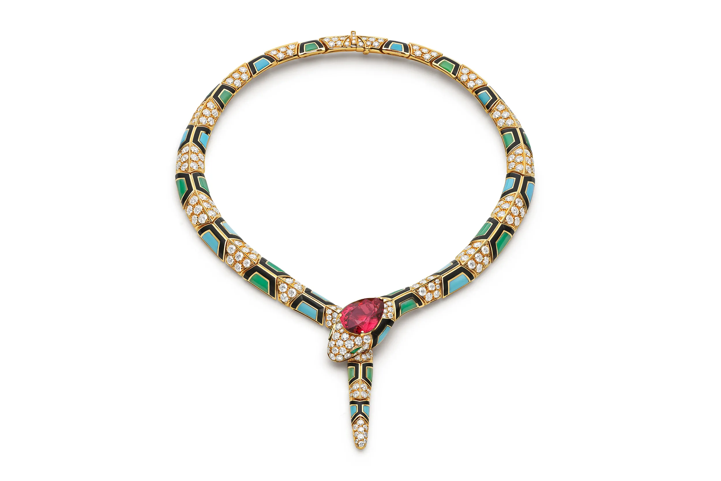 <p>The Bvlgari Serpenti High Jewellery necklace worn by actress Shailene Woodley at the Venice Film Festival 2025, set with onyx, chrysoprase, turquoise, buff-top emeralds, an 11.03 carat pear-shaped spinel, and 20.29 carats of pavé-set diamonds</p>
