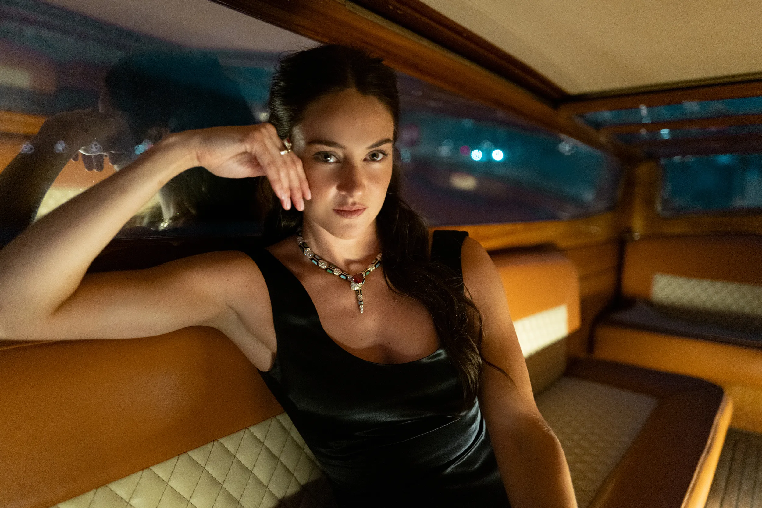 <p>Actress Shailene Woodley poses for photographs at the Venice Film Festival 2025 wearing a Bvlgari Serpenti High Jewellery necklace, set with onyx, chrysoprase, turquoise, buff-top emeralds, an 11.03 carat pear-shaped spinel, and 20.29 carats of pavé-set diamonds</p>
