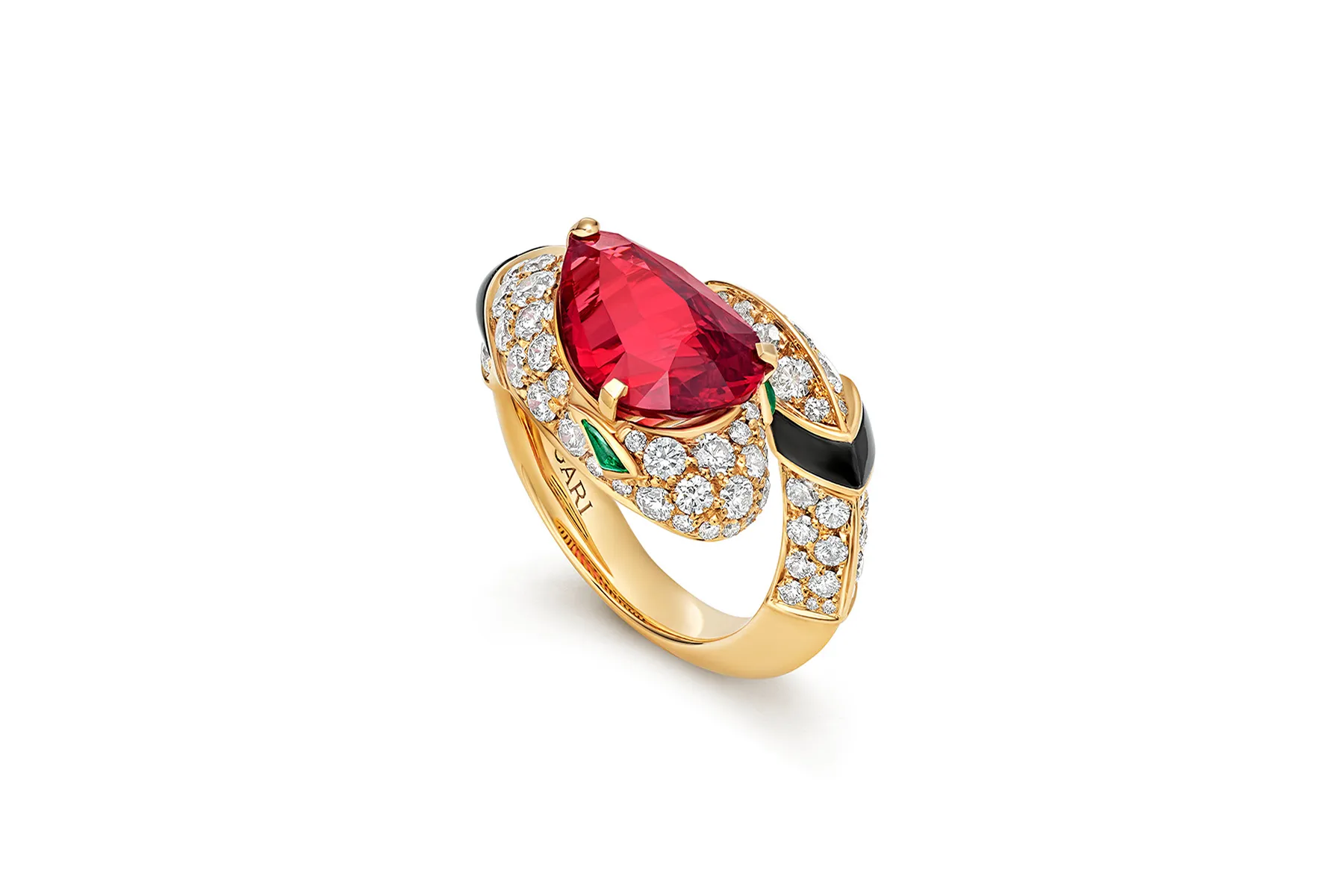 <p>The Bvlgari Serpenti High Jewellery ring worn by actress Shailene Woodley at the Venice Film Festival 2025, set with a 5.72 carat pear-shaped spinel, onyx, emeralds and diamonds</p>
