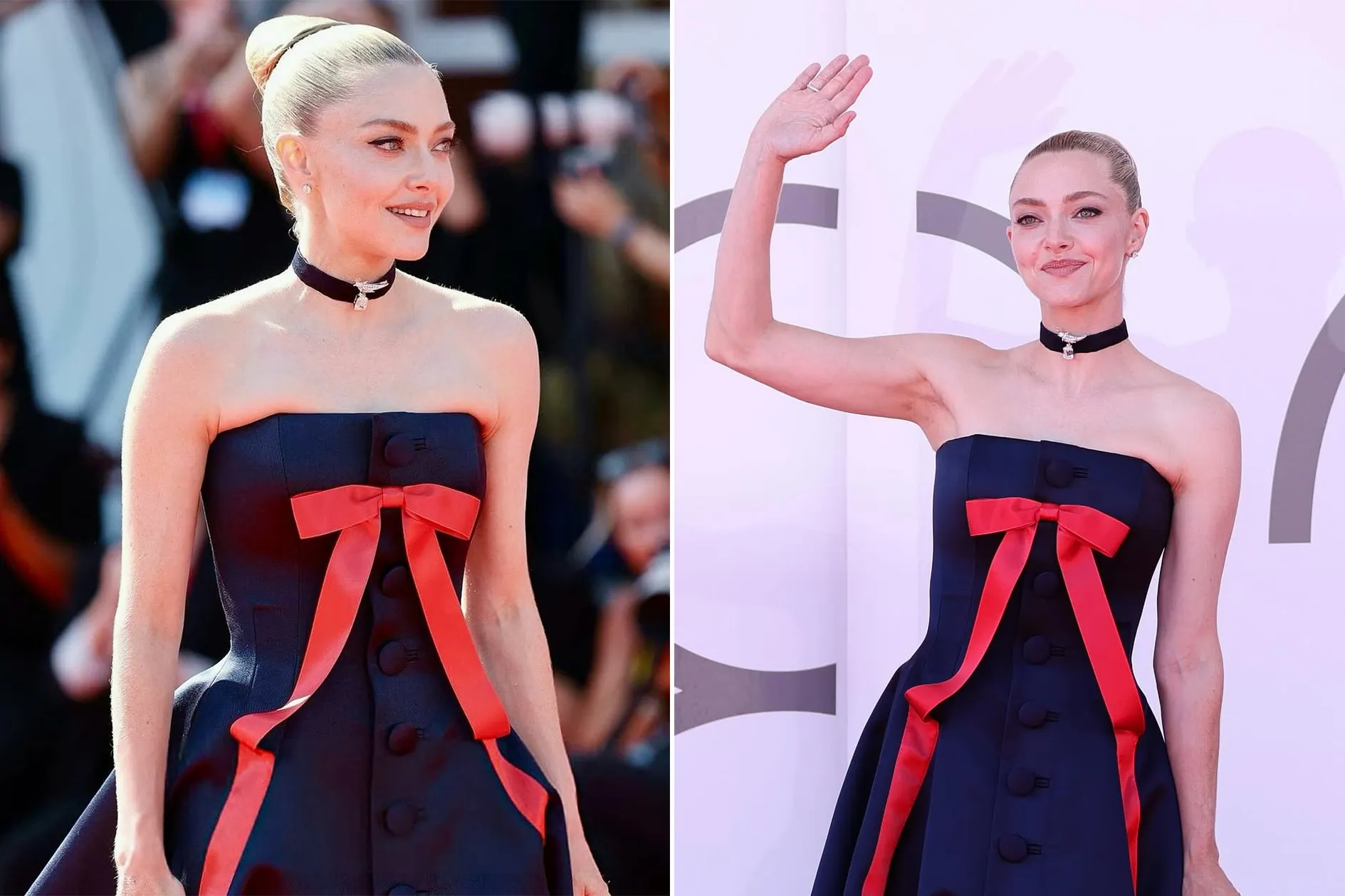 <p>Actress Amanda Seyfried at the premiere of her new movie ‘The Testament of Ann Lee’ wearing a Prada gown and a Tiffany &amp; Co. Bird on a Rock brooch with a diamond over 11 carats, pink sapphire and further diamonds, set in platinum and 18k yellow gold and placed on a black satin choker</p>
