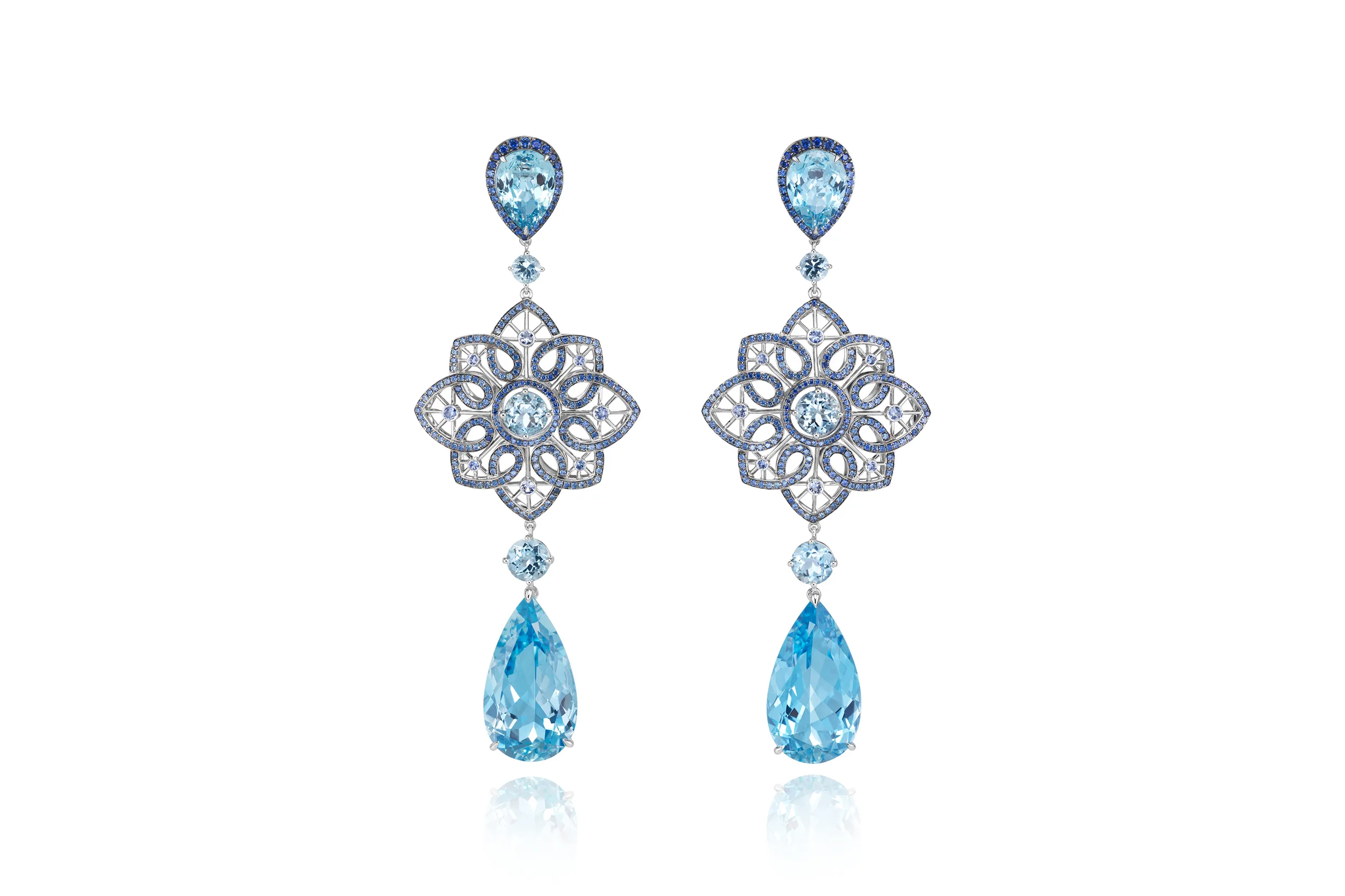 <p>The Chopard Temptations earrings worn by actress Nathalie Emmanuel at the Venice Film Festival 2025, set with 29.03 carats of pear-shaped aquamarines, a further 3.52 carats of aquamarines, and 2.30 carats of sapphires set in 18k white gold</p>

