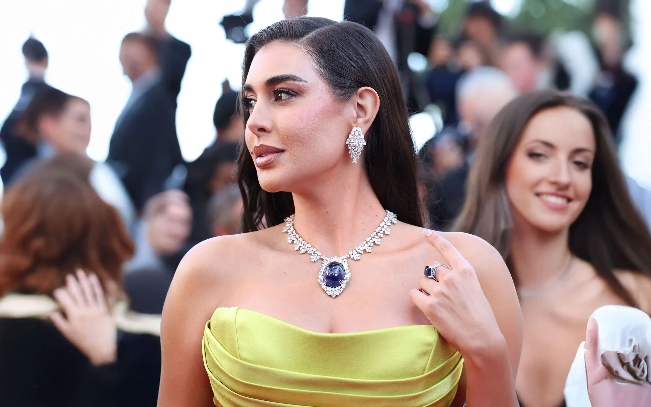<p>Egyptian actress and model Yasmine Sabri wears a Chopard High Jewellery necklace with a large tanzanite cabochon to the Cannes Film Festival 2025</p>
