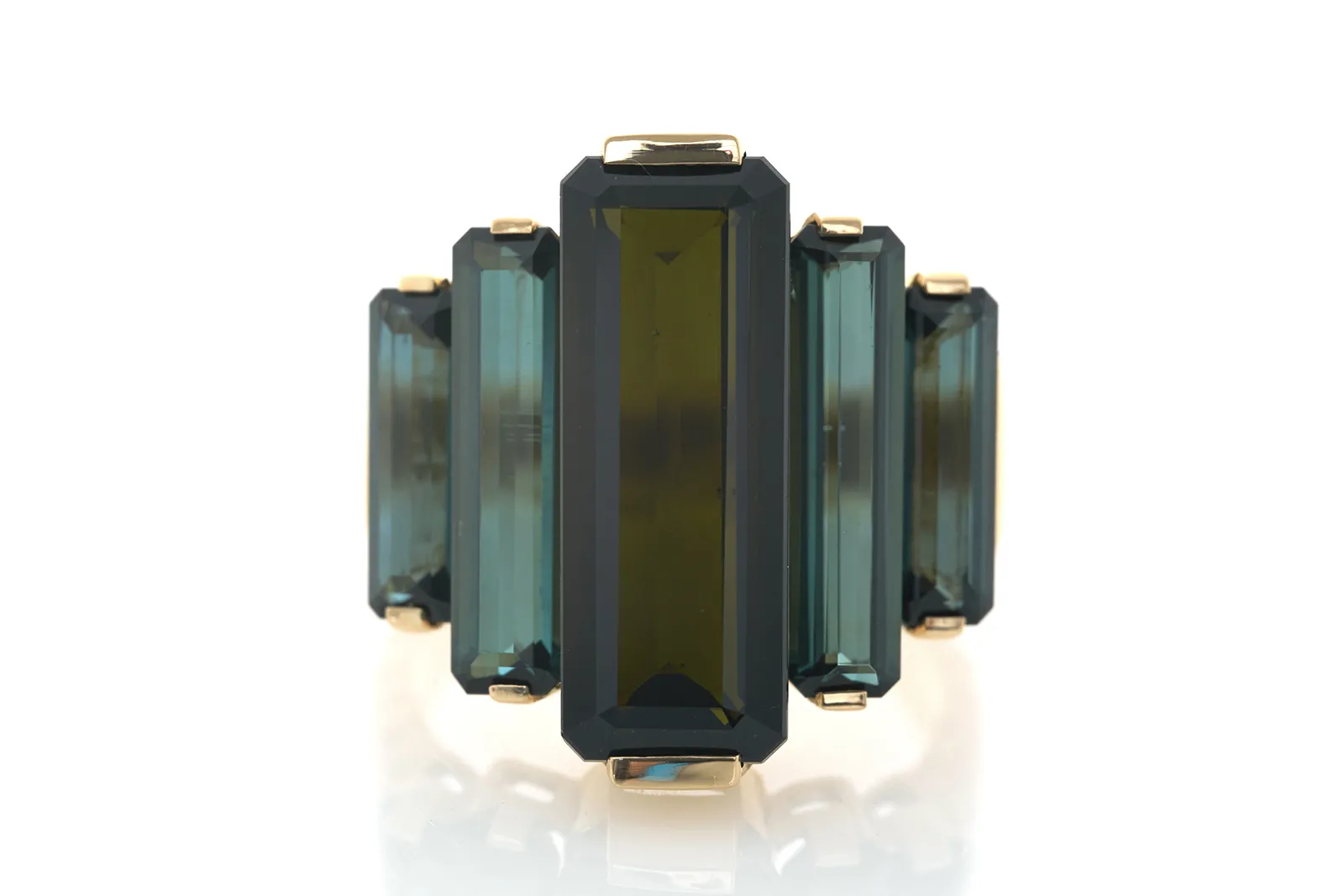 <p>Yi Collection Tourmaline Rhythm Supreme ring with a central black tourmaline and two pairs of blue tourmalines, totalling 12.725 carats, set in 18k yellow gold </p>