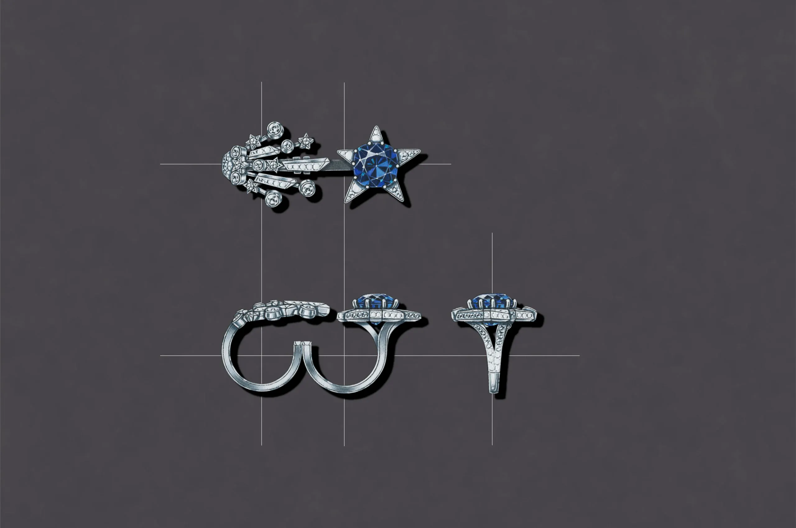 <p>Chanel Twin Stars ring with an 11.16 carat cushion-cut sapphire, further sapphires and diamonds in white gold from the Reach for the Stars High Jewellery collection </p>