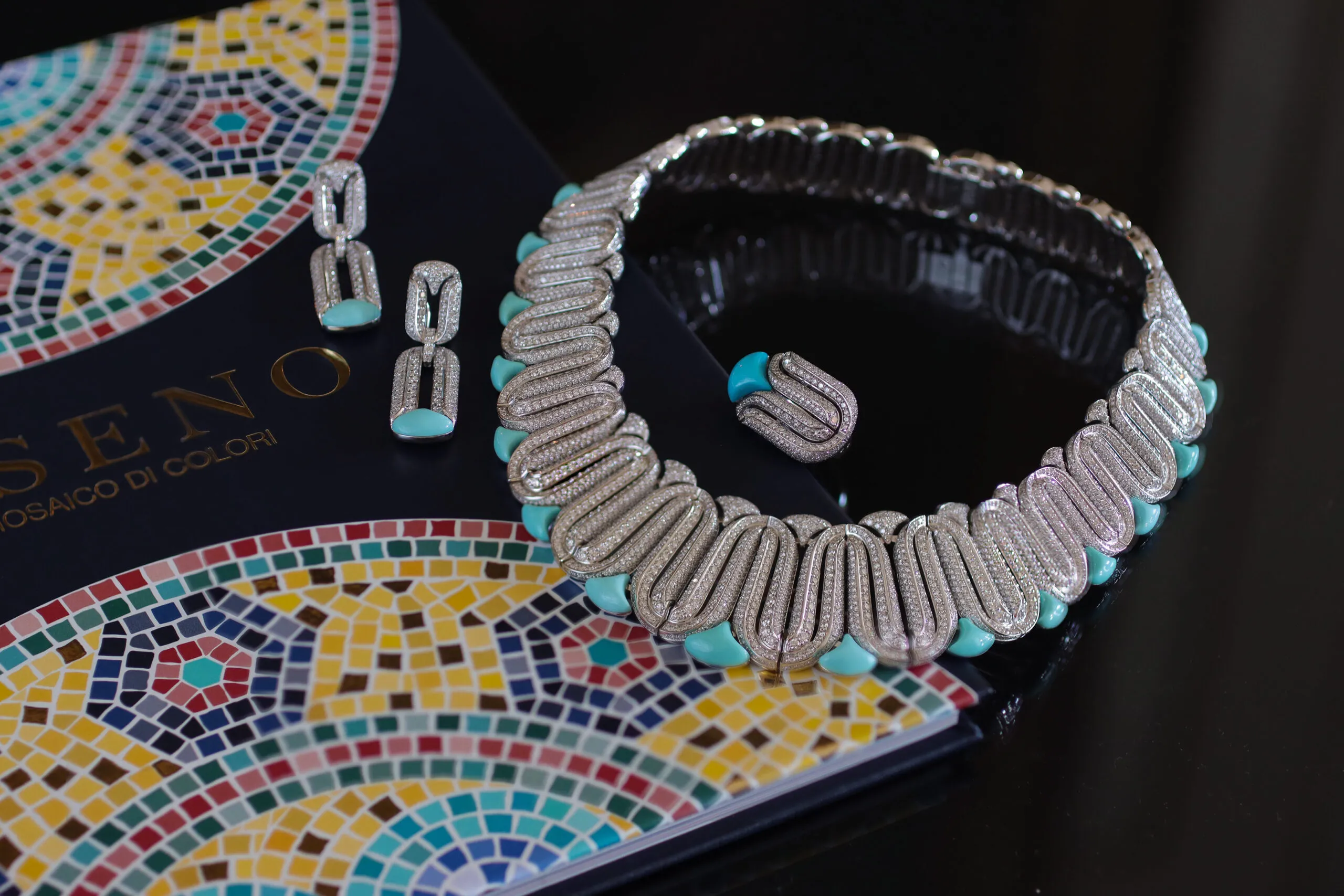 <p>The Miseno Arco High Jewellery necklace (shown here with a matching ring and earrings) with 34.67 carats of diamonds and 26.20 carats of turquoise, set in white gold</p>
