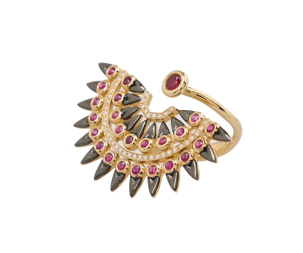 <p>Dionysios Fine Jewels ring from the Phaedra collection set with rubies and natural diamonds in black rhodium-coated 18k yellow gold </p>
