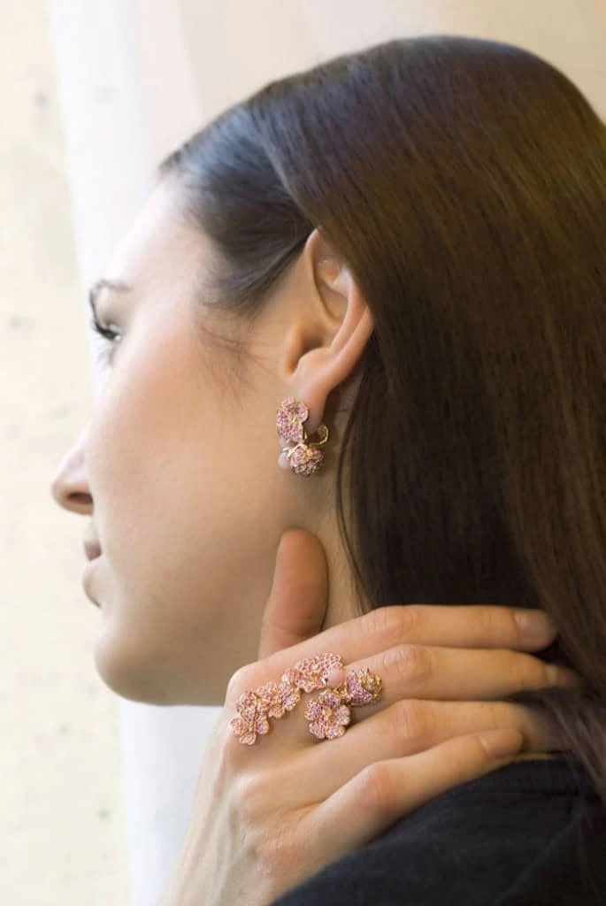 <p>The Cherry tree blossom earrings and a ring in 18k pink gold, sapphires, diamonds and pink opals</p>

