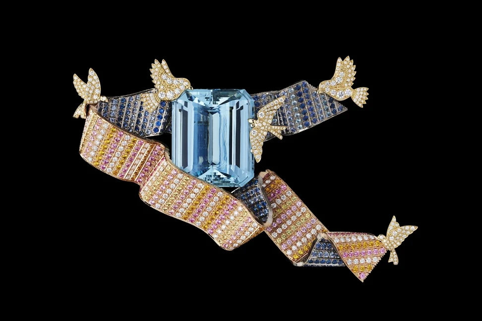 <p>A 1/1 aquamarine brooch by Dior, unveiled on the men’s S/S 2025 catwalk during Paris Fashion Week in June</p>