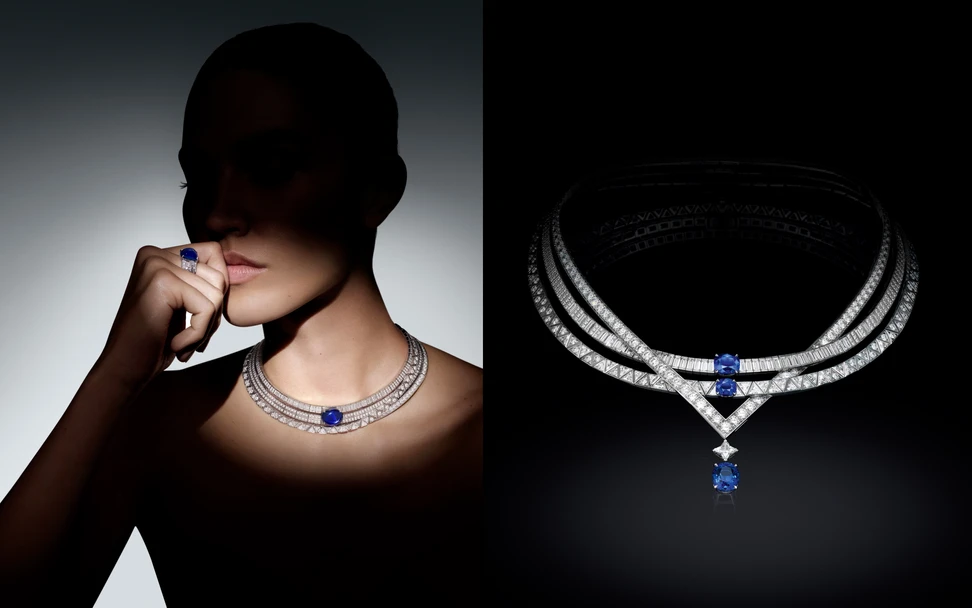 <p>Louis Vuitton Gravité necklace (left) with a 27.20-carat star sapphire and diamonds alongside the Gravité necklace with three cushion-cut Kashmir sapphires of 6.48, 4.38 and 2.13 carats, plus a 1.09-carat LV Monogram Star-cut diamond, from Chapter II of the Awakened Hands, Awakened Minds High Jewellery collection. ©Nathaniel Goldberg</p>