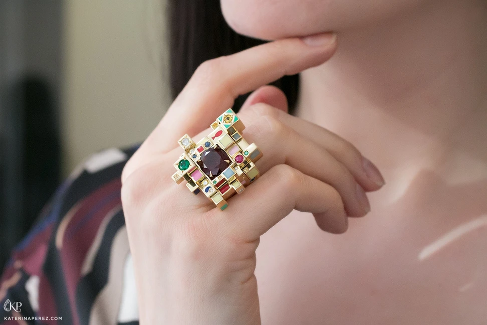 <p>Aisha Baker Pixel ring in yellow gold with enamel and gemstones</p>
