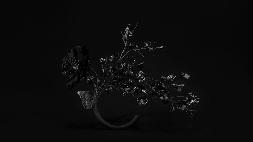 <p>Composition No.1 of the Boucheron Impermanence High Jewellery collection, incorporating the Poppy transformable headband-brooch, the Sweet Pea multi-wear brooch, and the Butterfly shoulder brooch, housed in a 3D-printed black sand vase</p>